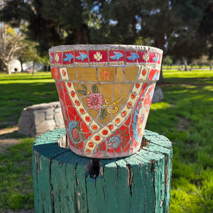 Vintage Handcrafted Mosaic Tile Planter - Vibrant Floral & Paisley Motif - 8.5" (As-Is)