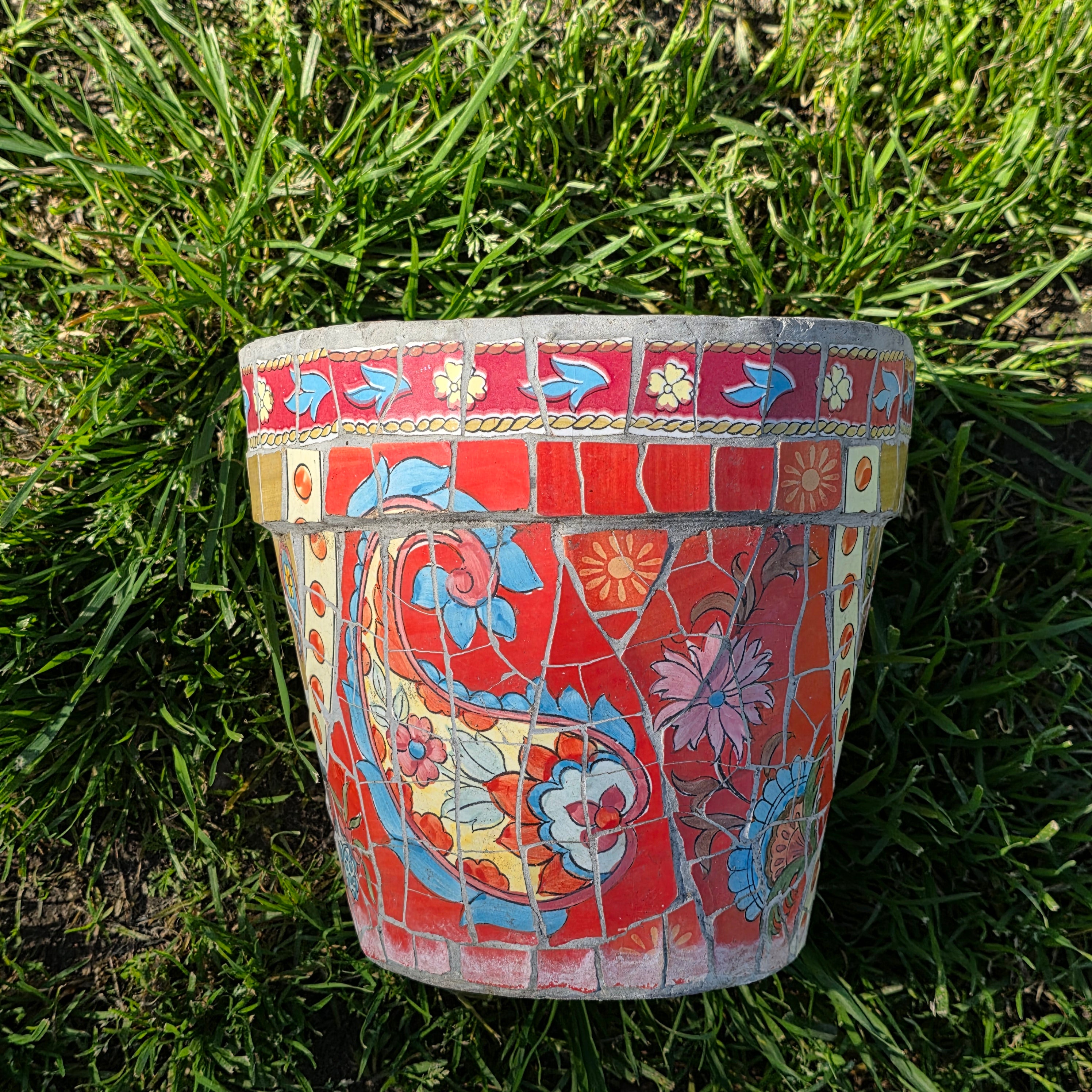 Vintage Handcrafted Mosaic Tile Planter - Vibrant Floral & Paisley Motif - 8.5" (As-Is)