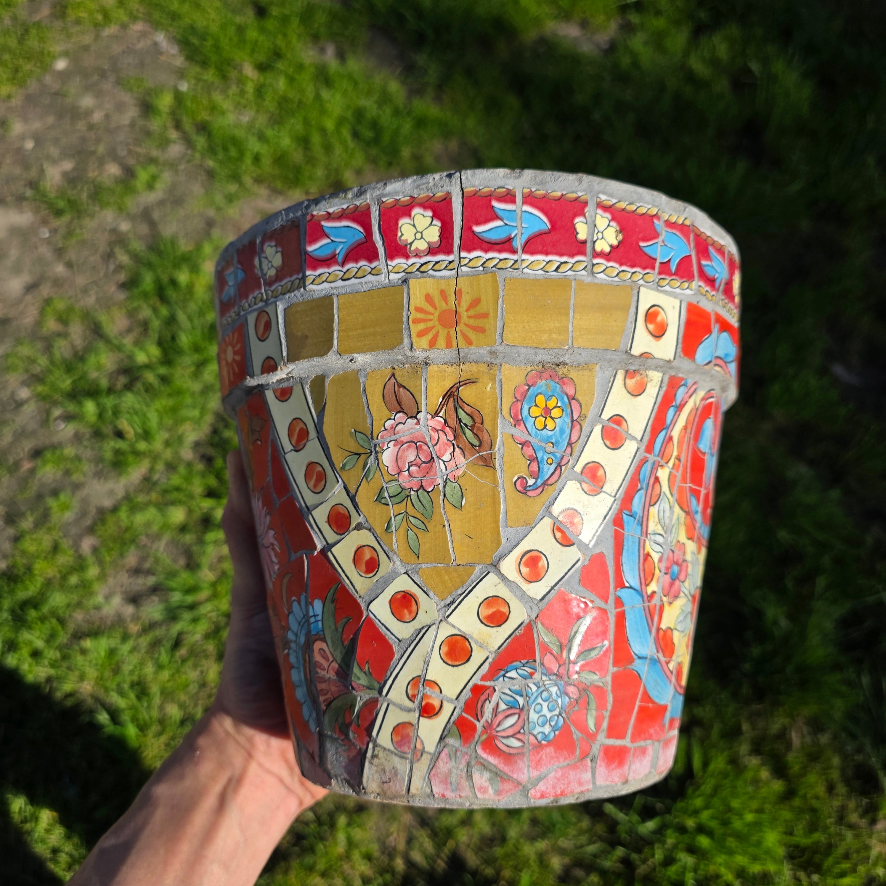 Vintage Handcrafted Mosaic Tile Planter - Vibrant Floral & Paisley Motif - 8.5" (As-Is)