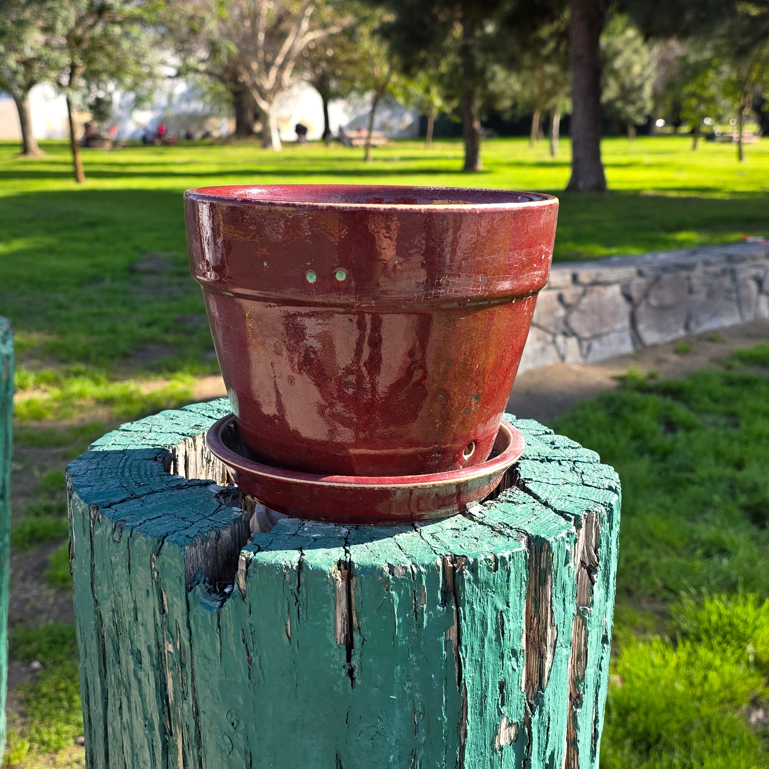 Vintage Oxblood Red Ceramic Planter with Matching Saucer - 7" Glazed Plant Pot