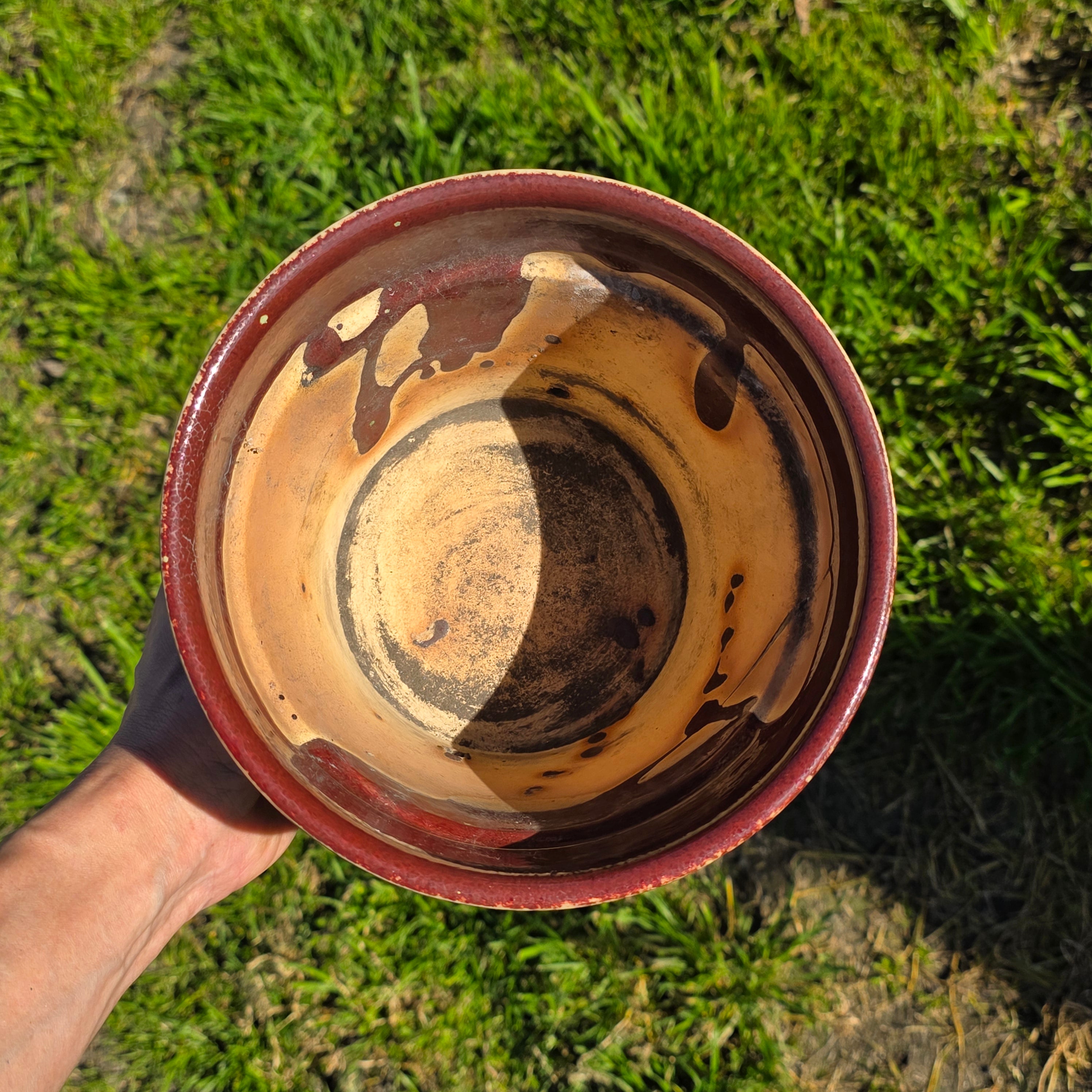 Vintage Oxblood Red Ceramic Planter with Matching Saucer - 7" Glazed Plant Pot