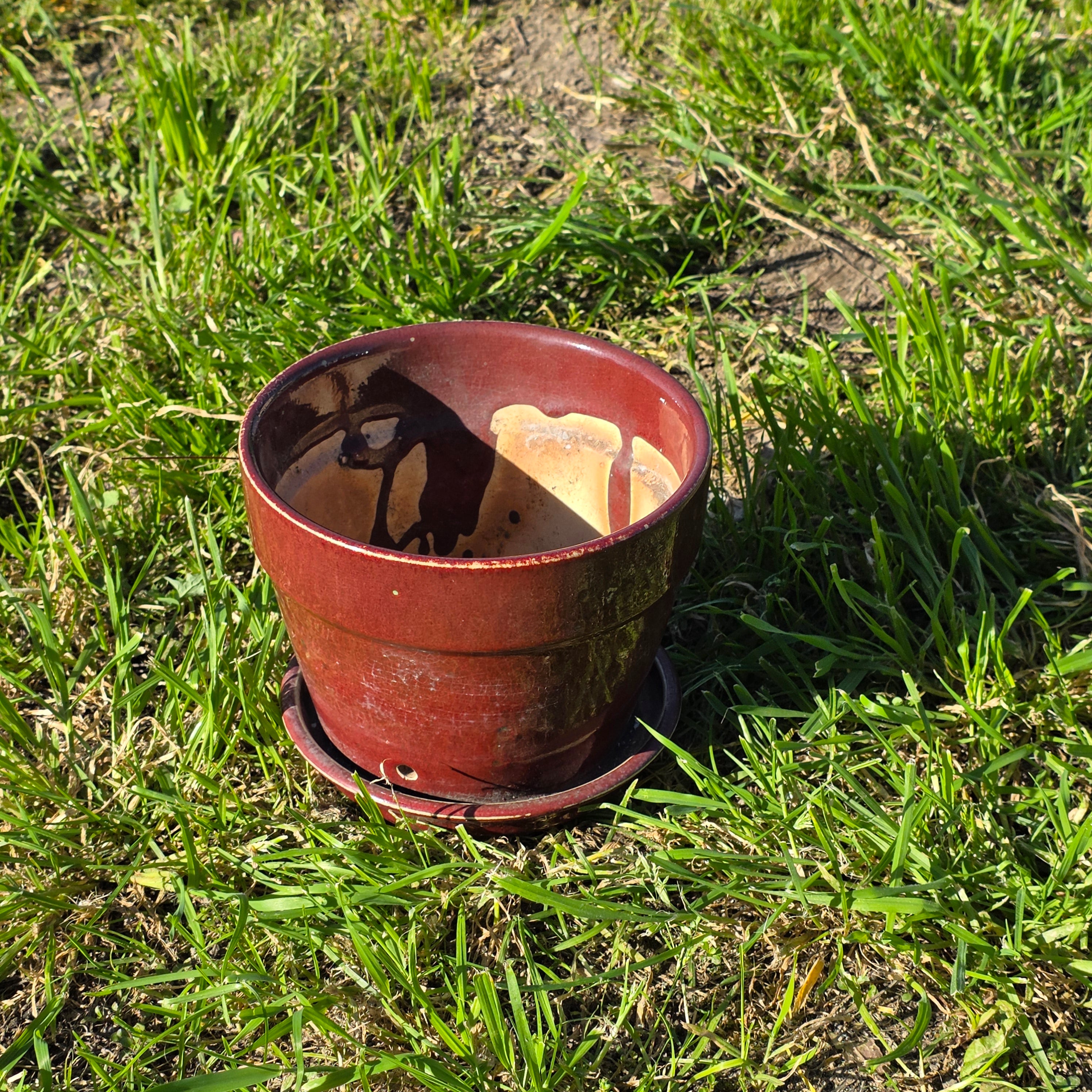 Vintage Oxblood Red Ceramic Planter with Matching Saucer - 7" Glazed Plant Pot