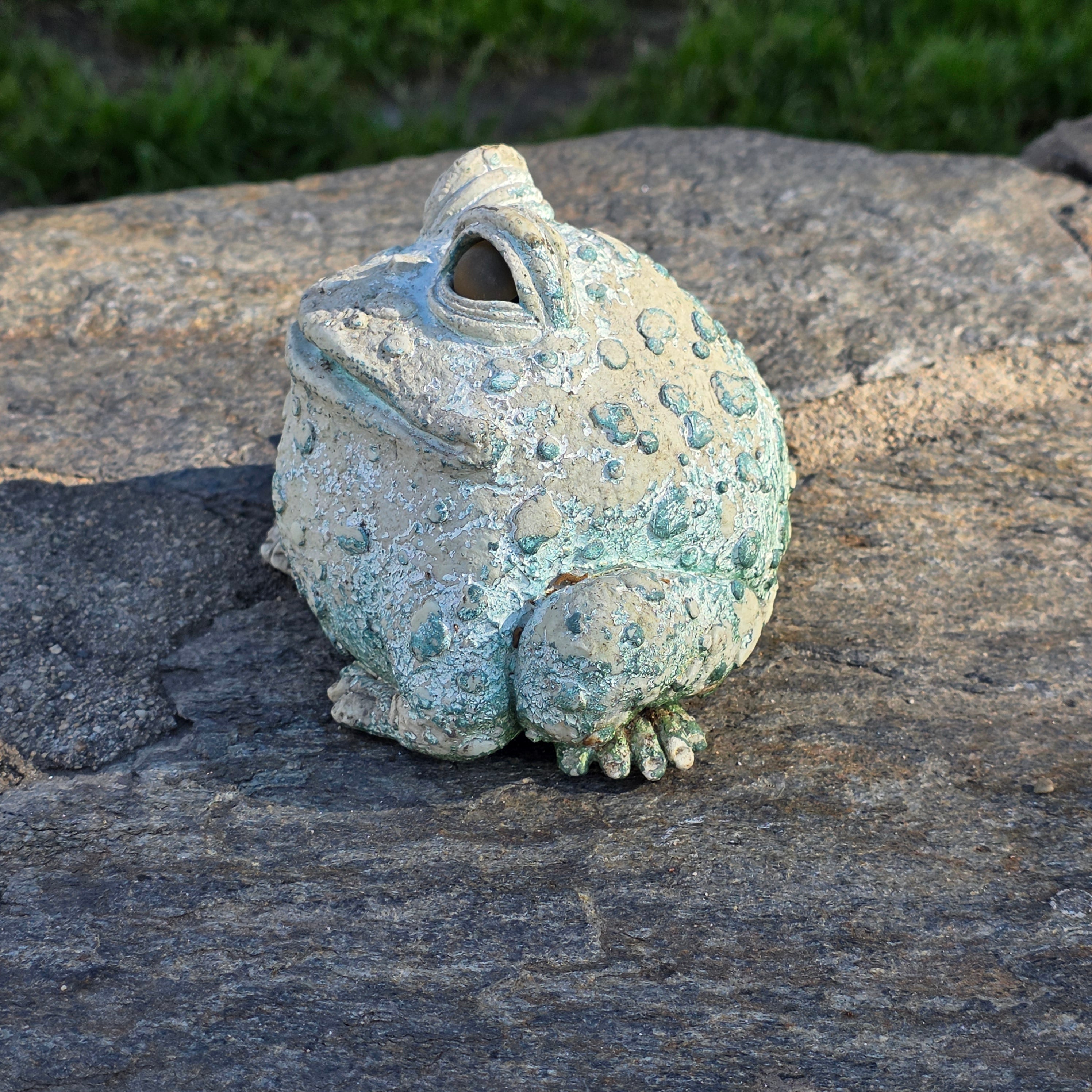 Vintage Cast Resin Toad Garden Statue - Weathered Verdigris Patina