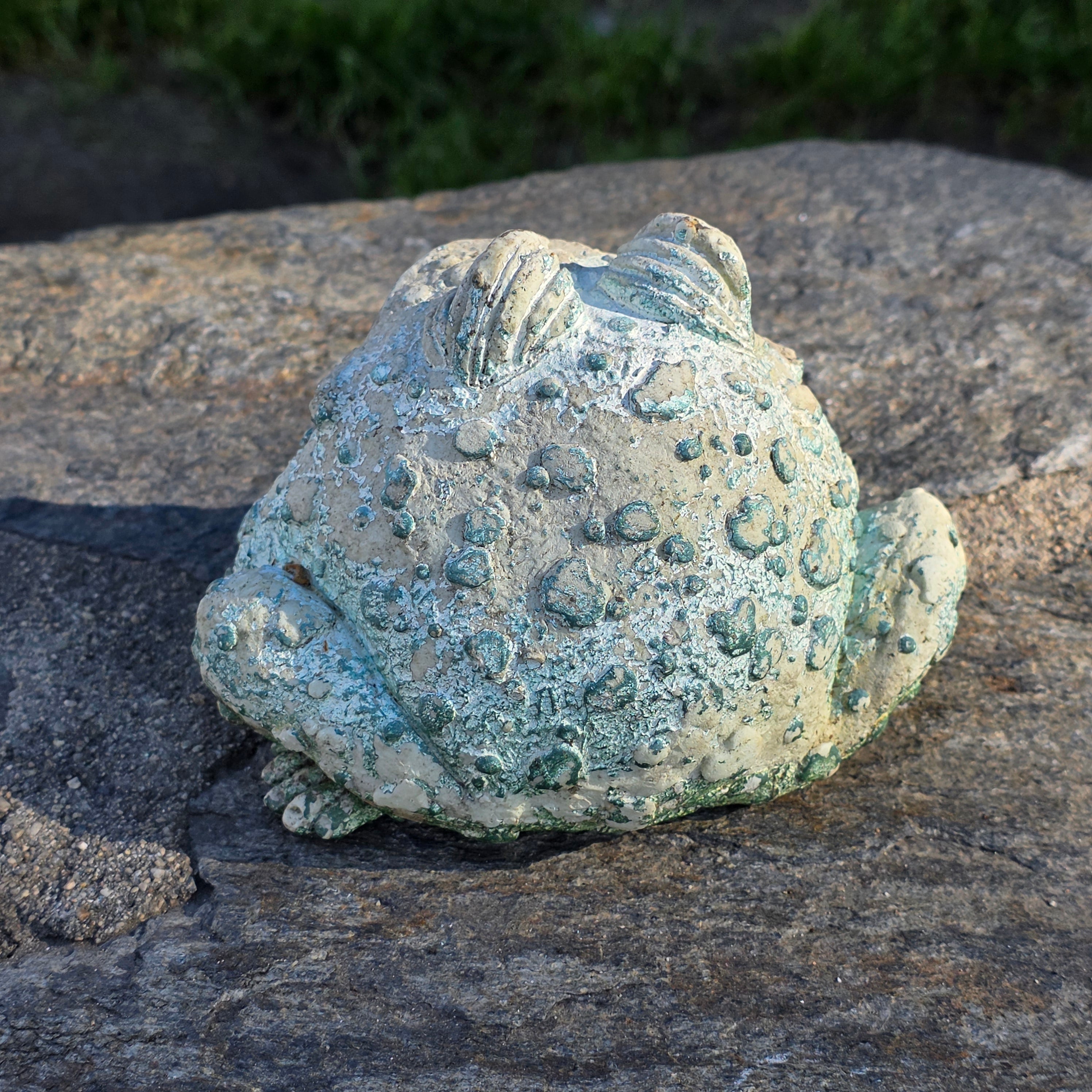 Vintage Cast Resin Toad Garden Statue - Weathered Verdigris Patina