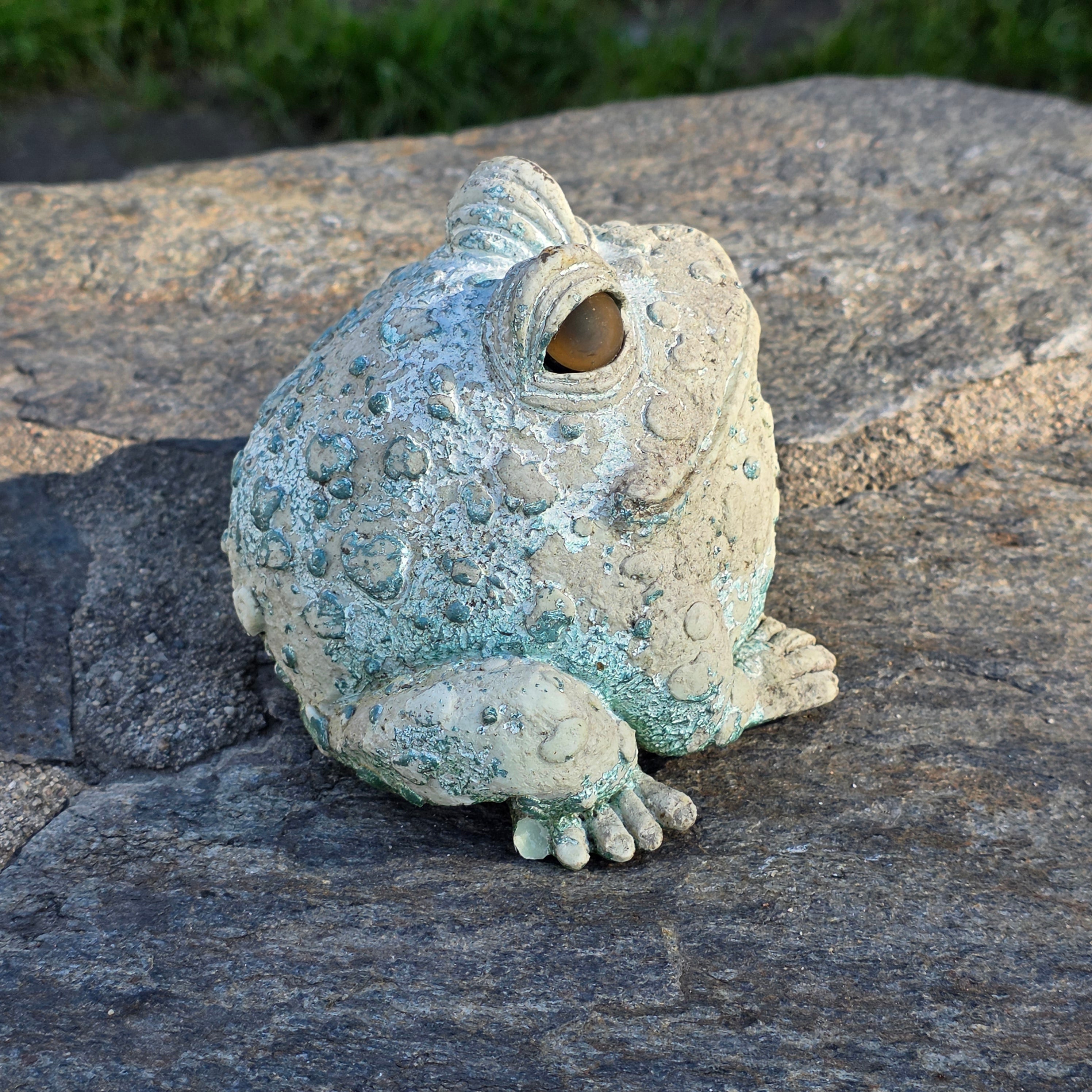 Vintage Cast Resin Toad Garden Statue - Weathered Verdigris Patina