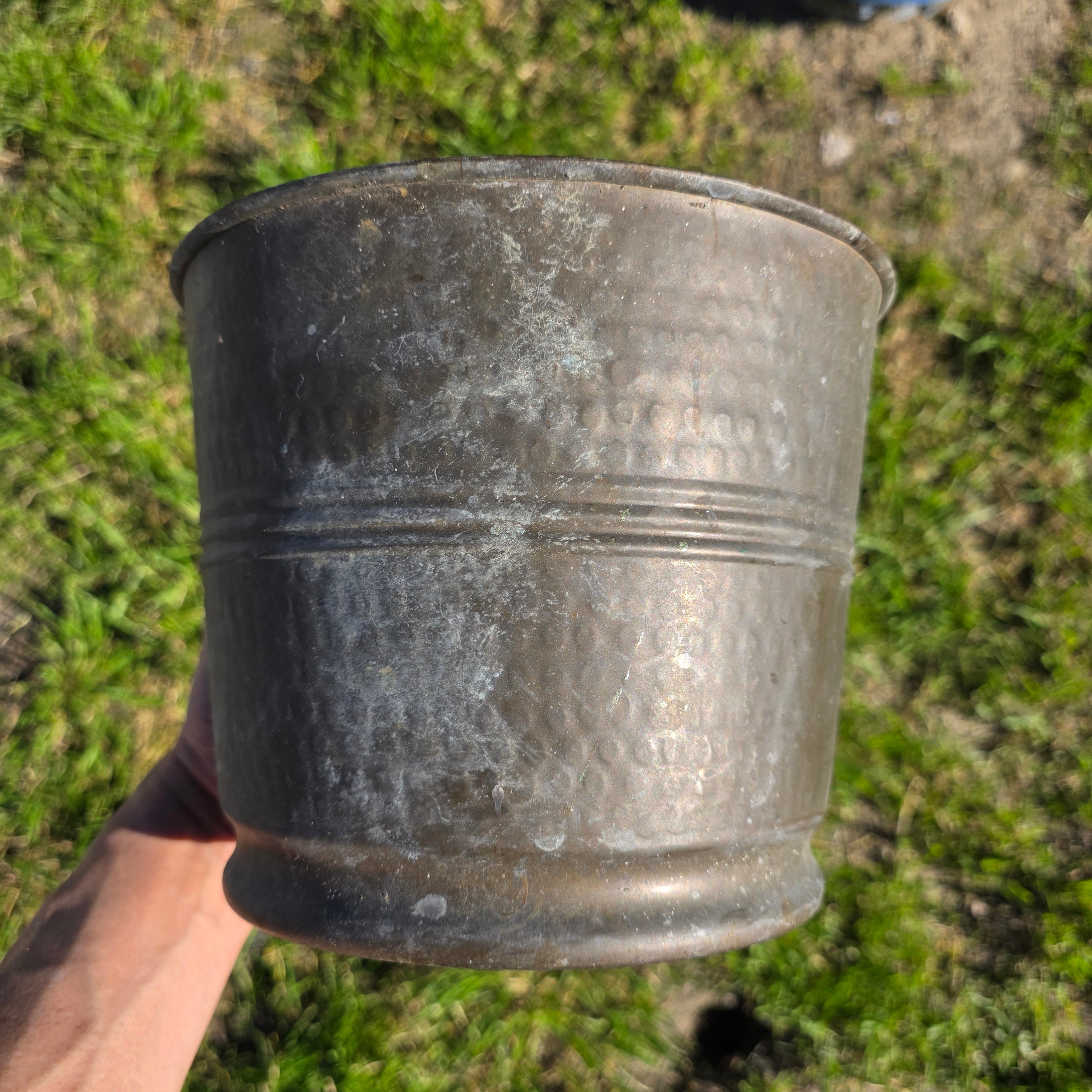 Vintage Solid Brass Planter - Hammered Finish - Made in India - 8.5" Round