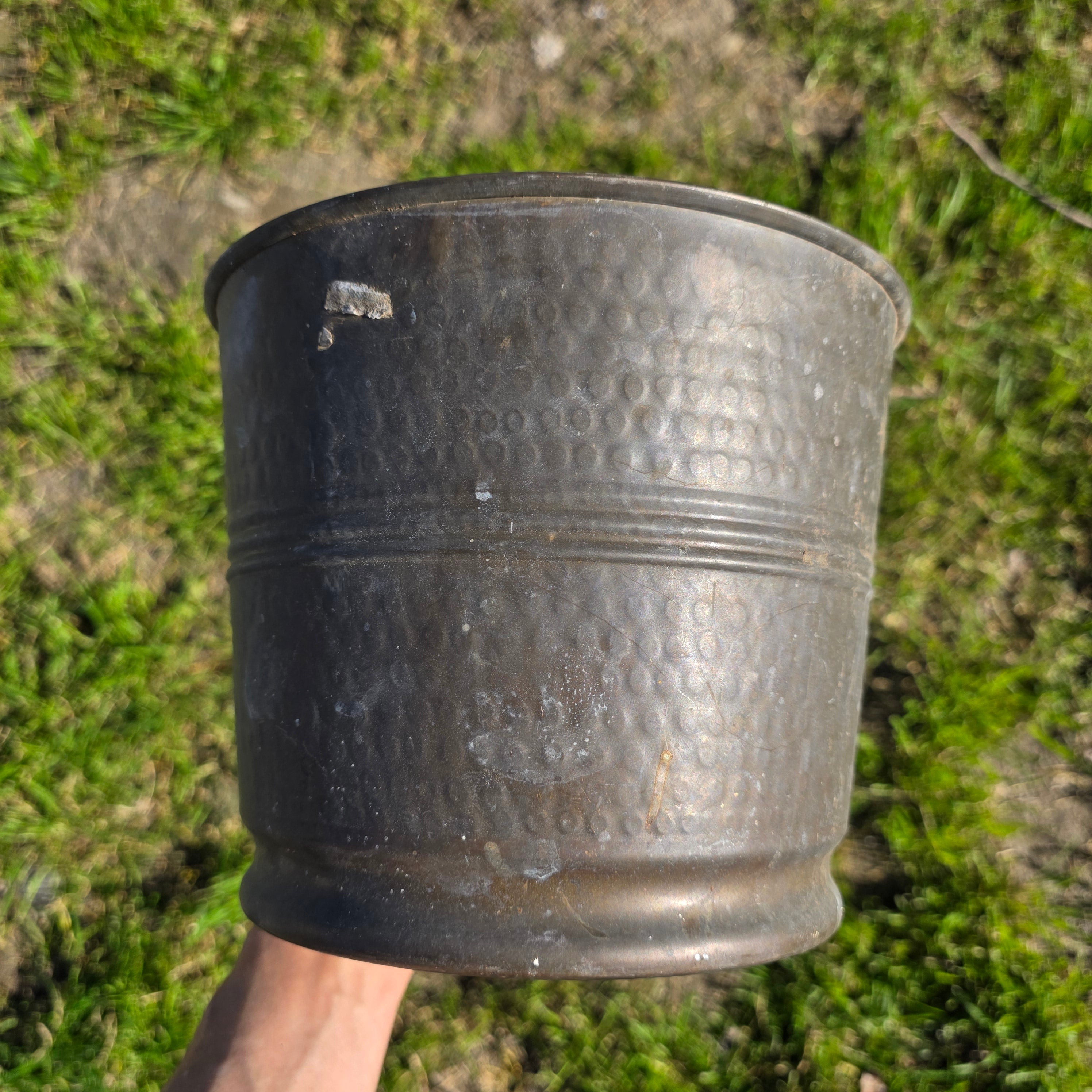 Vintage Solid Brass Planter - Hammered Finish - Made in India - 8.5" Round