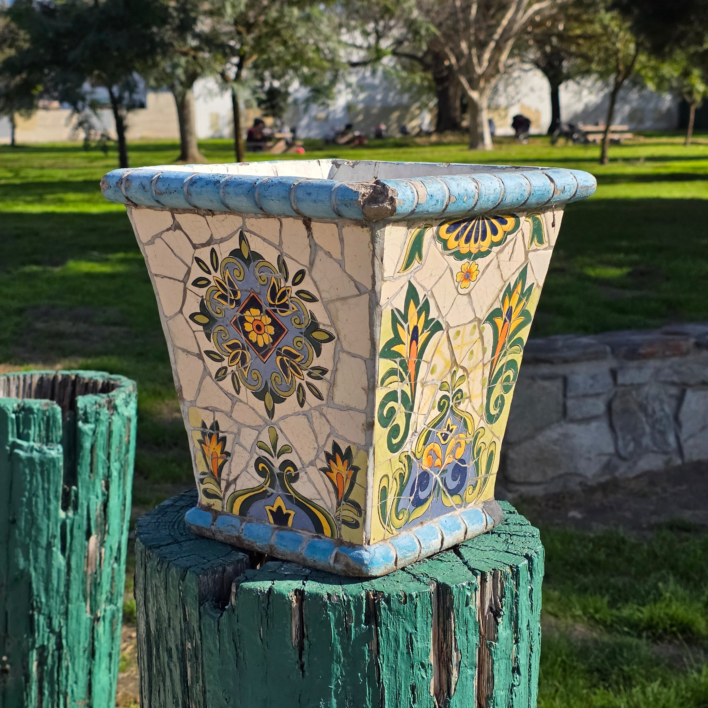 Vintage Mediterranean-Style Mosaic Tile Planter - Square Tapered Pot (As-Is)