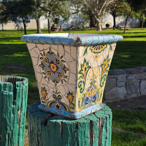 Vintage Mediterranean-Style Mosaic Tile Planter - Square Tapered Pot (As-Is)