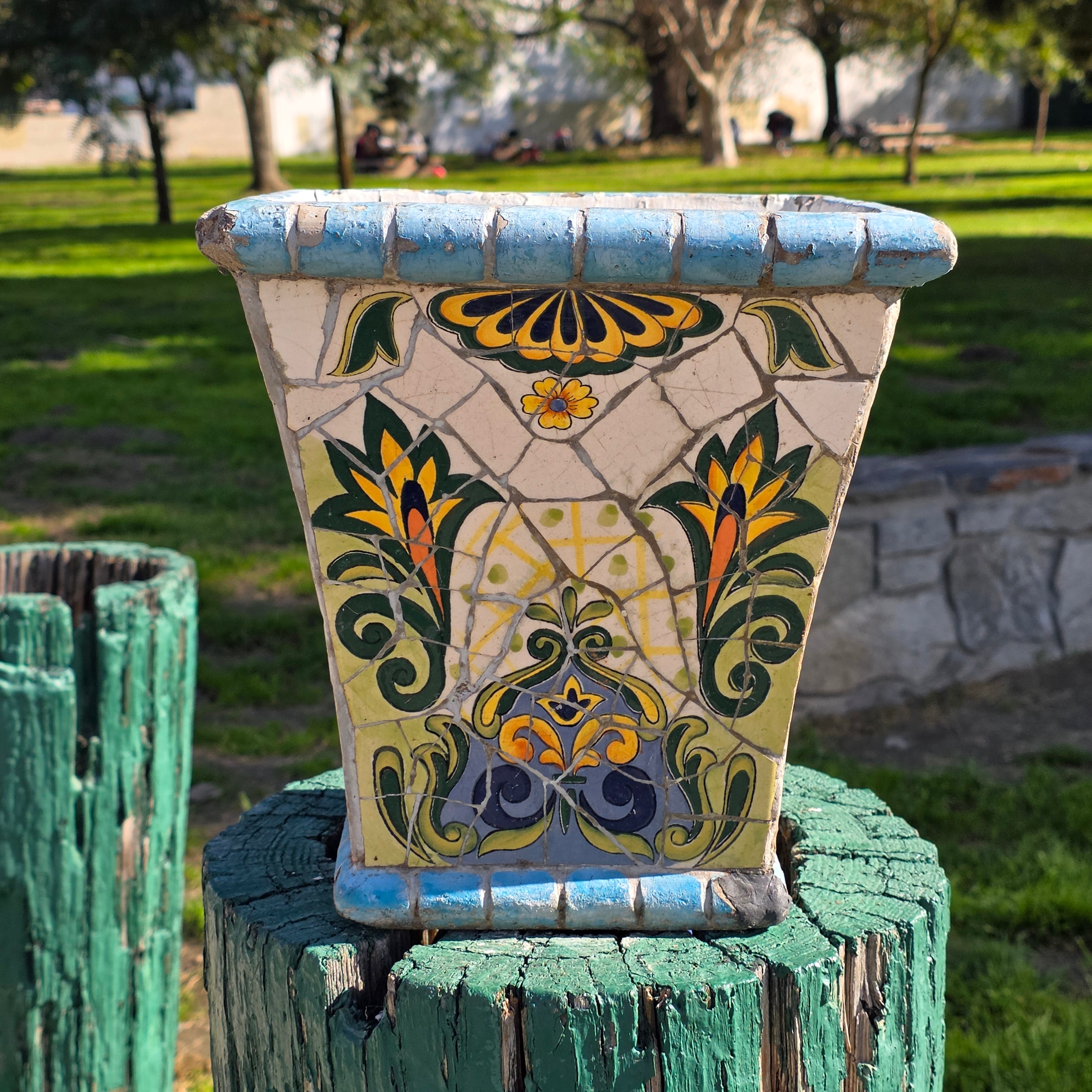 Vintage Mediterranean-Style Mosaic Tile Planter - Square Tapered Pot (As-Is)