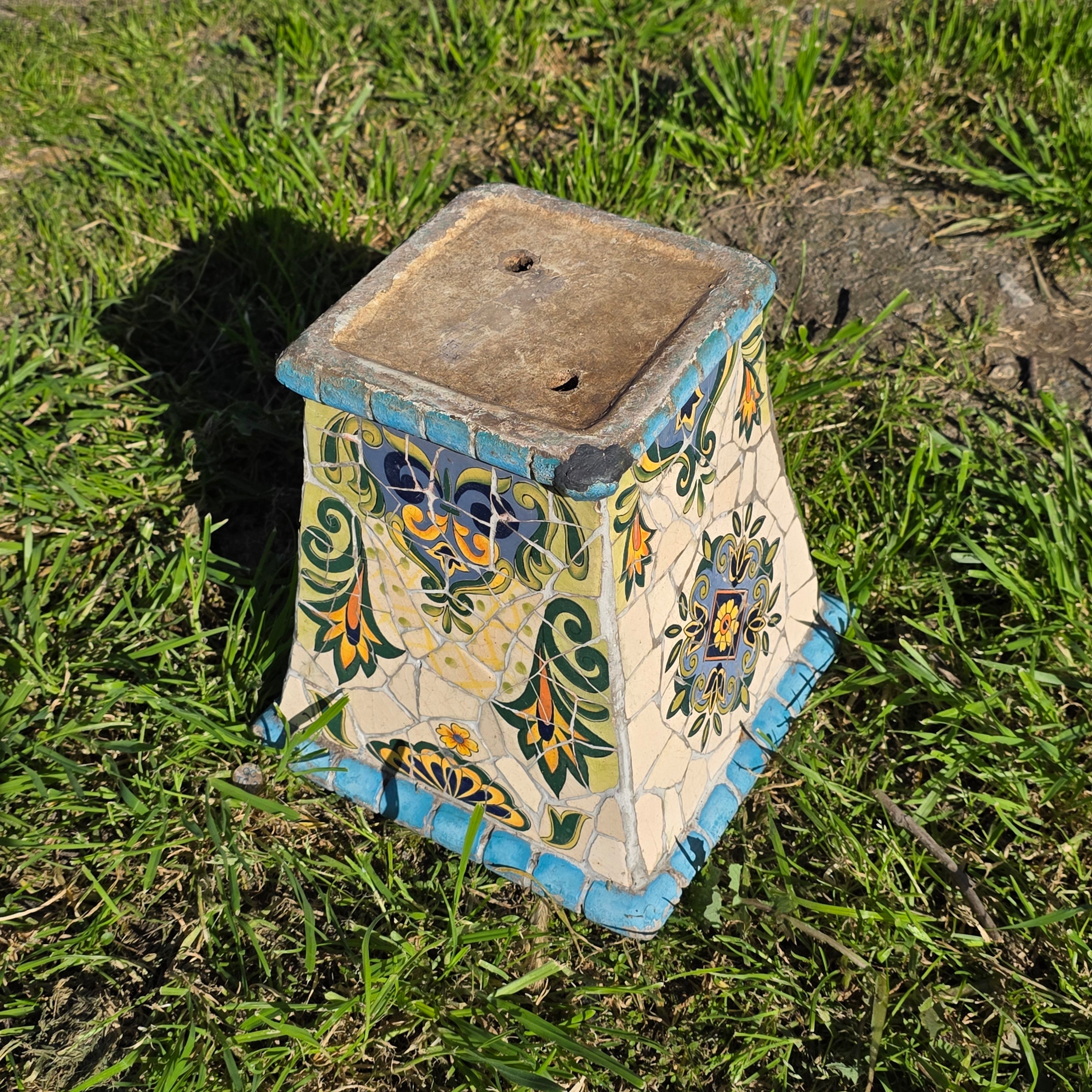 Vintage Mediterranean-Style Mosaic Tile Planter - Square Tapered Pot (As-Is)