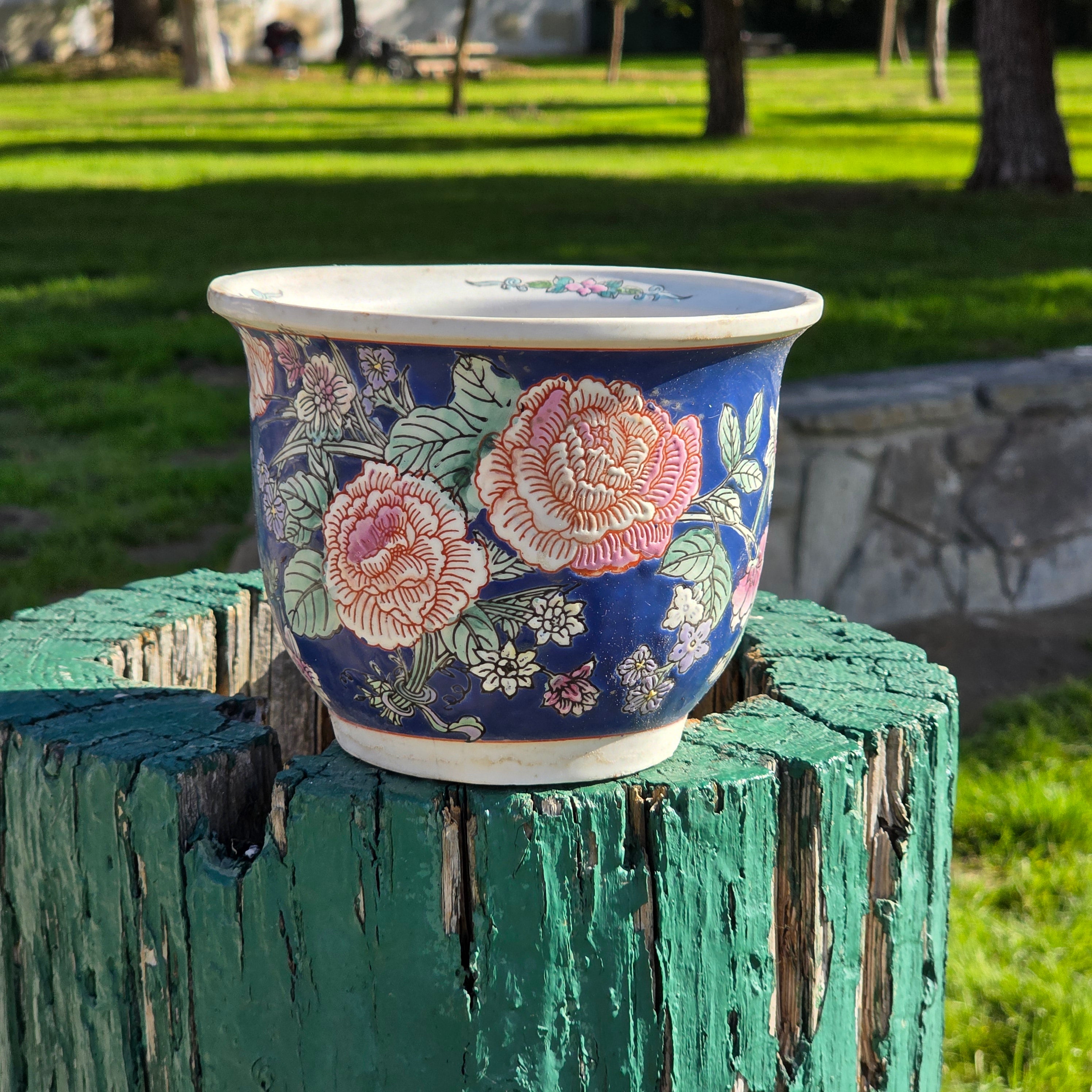 Vintage 6.5" Cobalt Blue Porcelain Planter - Peony Floral Motif