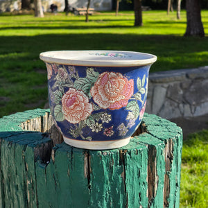 Vintage 6.5" Cobalt Blue Porcelain Planter - Peony Floral Motif