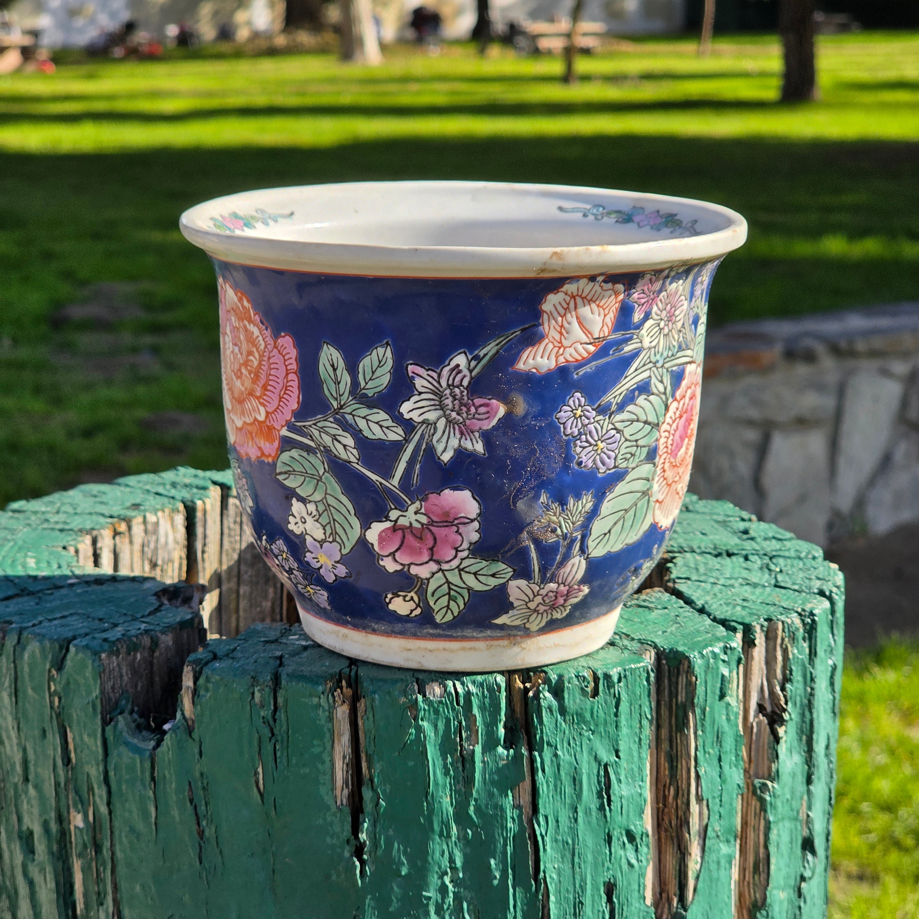 Vintage 6.5" Cobalt Blue Porcelain Planter - Peony Floral Motif