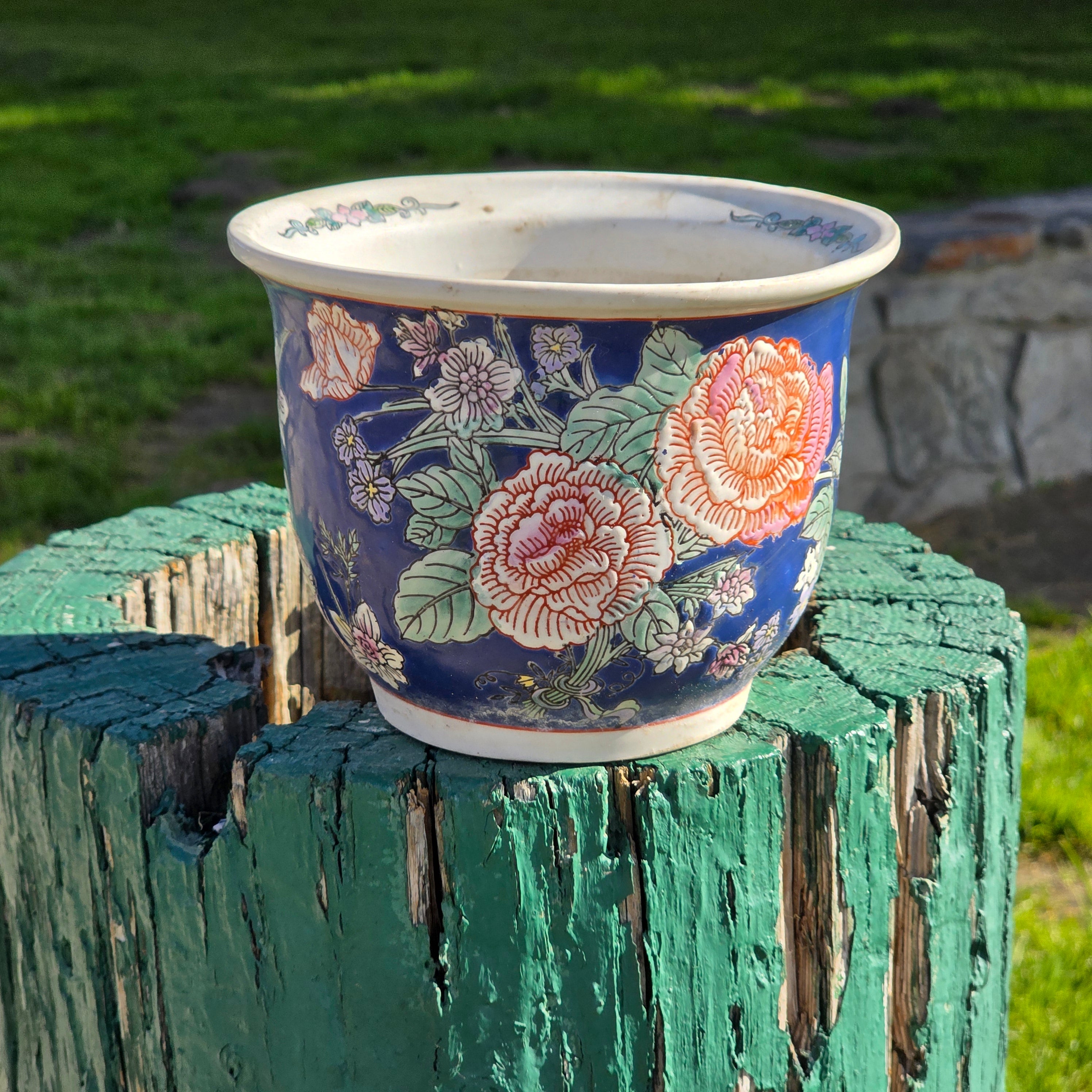 Vintage 6.5" Cobalt Blue Porcelain Planter - Peony Floral Motif
