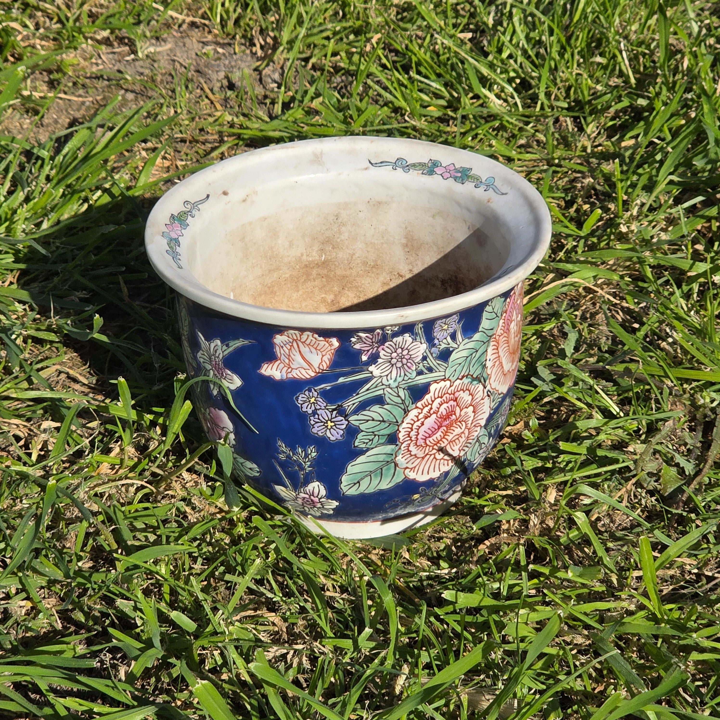 Vintage 6.5" Cobalt Blue Porcelain Planter - Peony Floral Motif