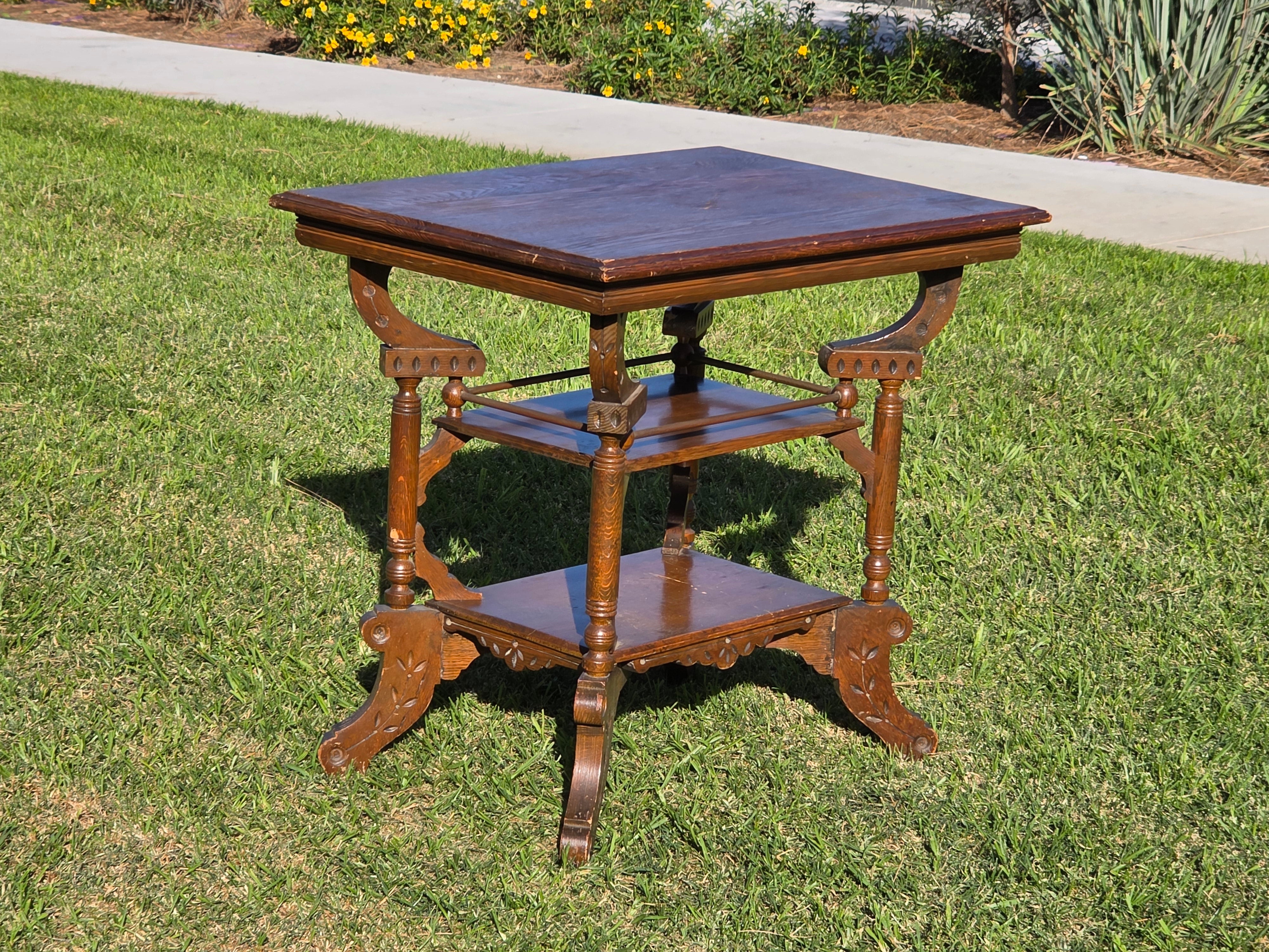 Antique Eastlake Victorian 2-Tier Parlor Table - Geometric Carvings Oak 19th C