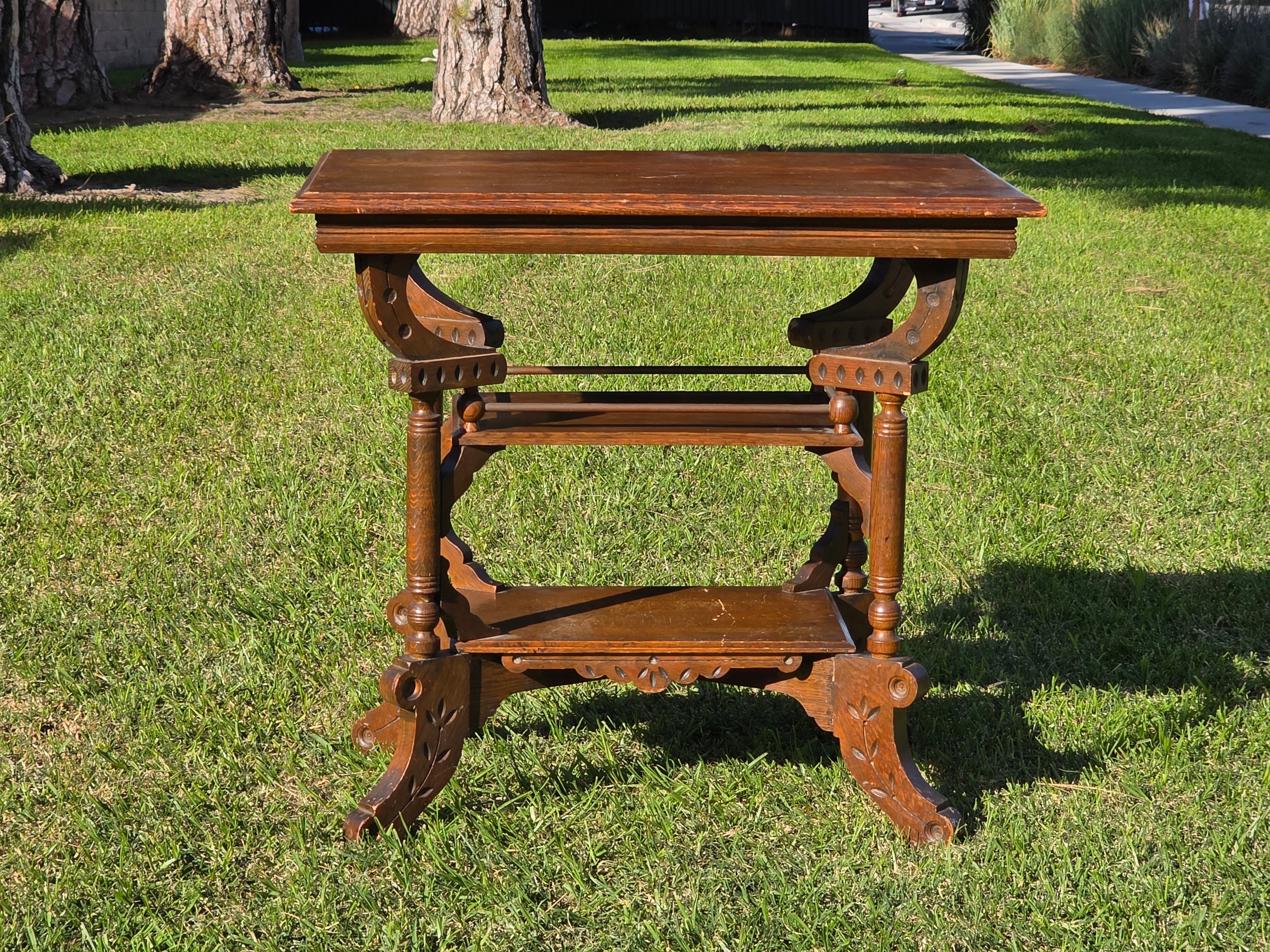 Antique Eastlake Victorian 2-Tier Parlor Table - Geometric Carvings Oak 19th C