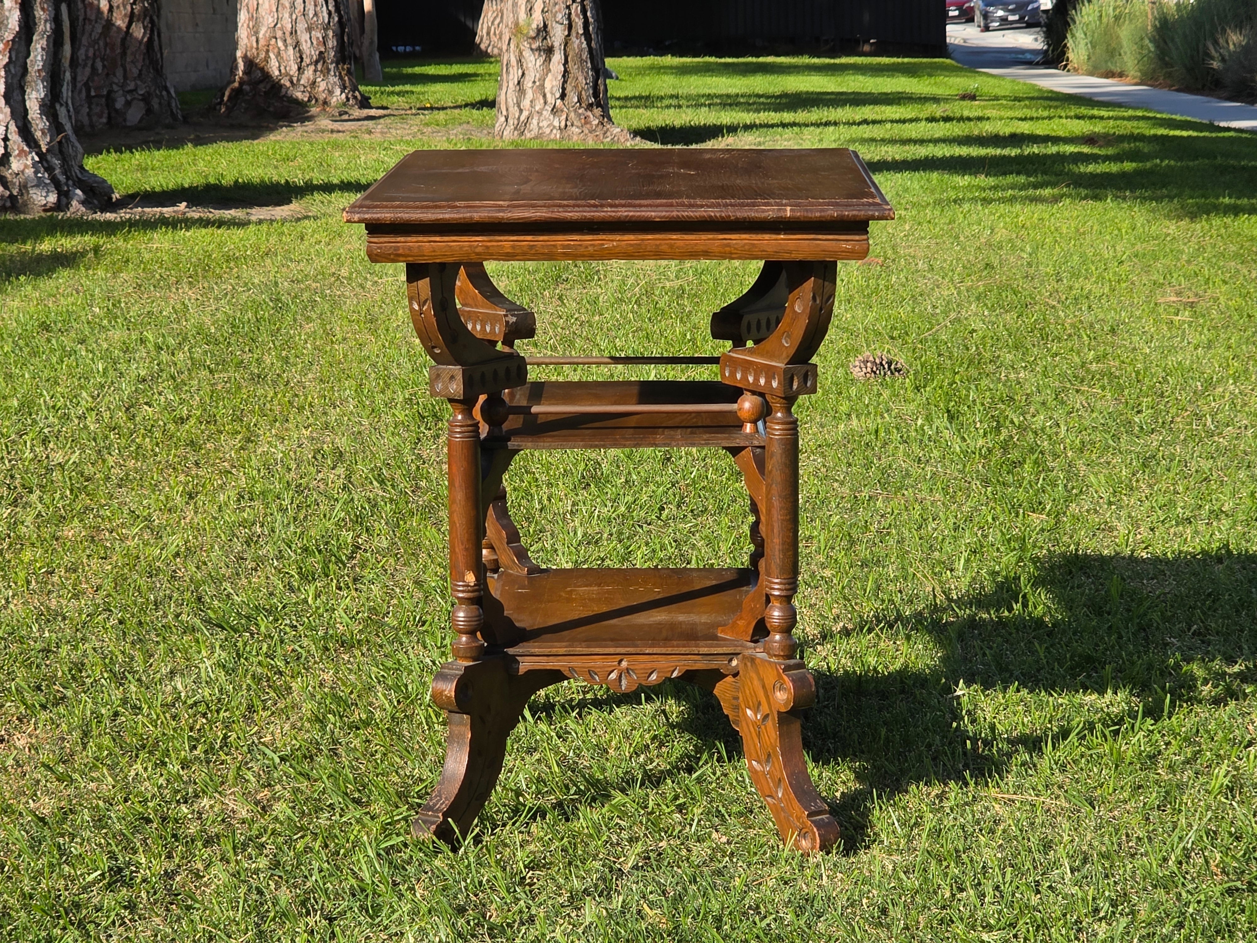 Antique Eastlake Victorian 2-Tier Parlor Table - Geometric Carvings Oak 19th C