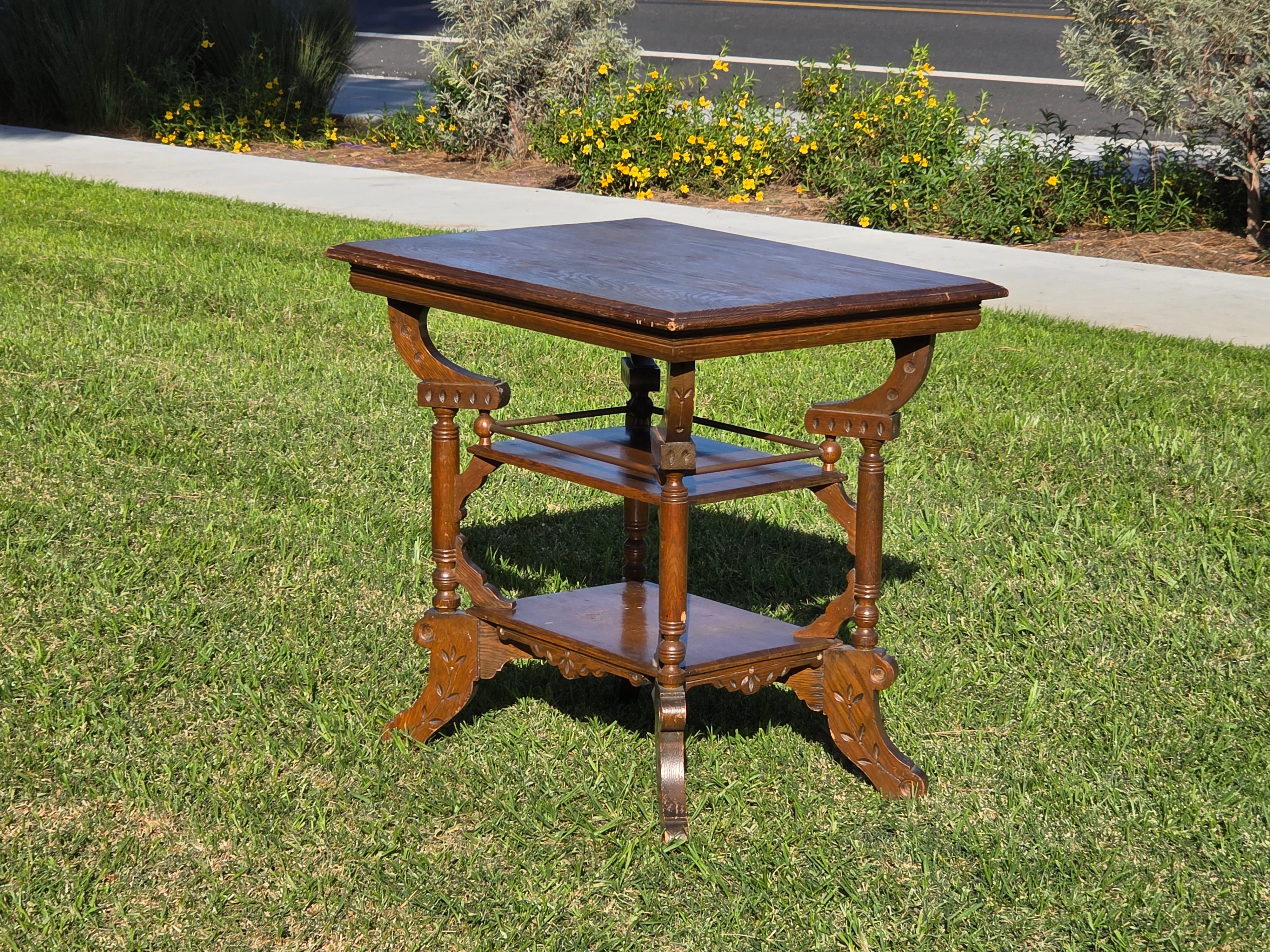 Antique Eastlake Victorian 2-Tier Parlor Table - Geometric Carvings Oak 19th C