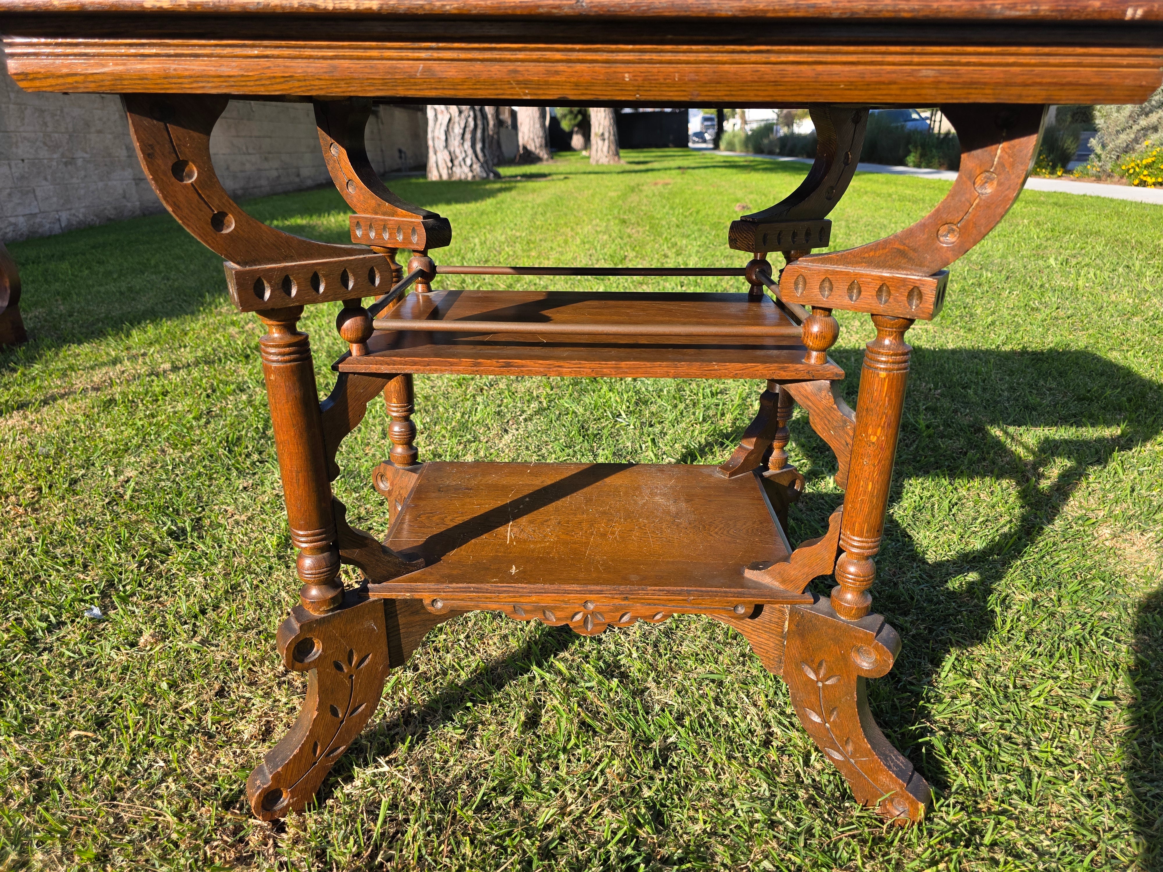 Antique Eastlake Victorian 2-Tier Parlor Table - Geometric Carvings Oak 19th C