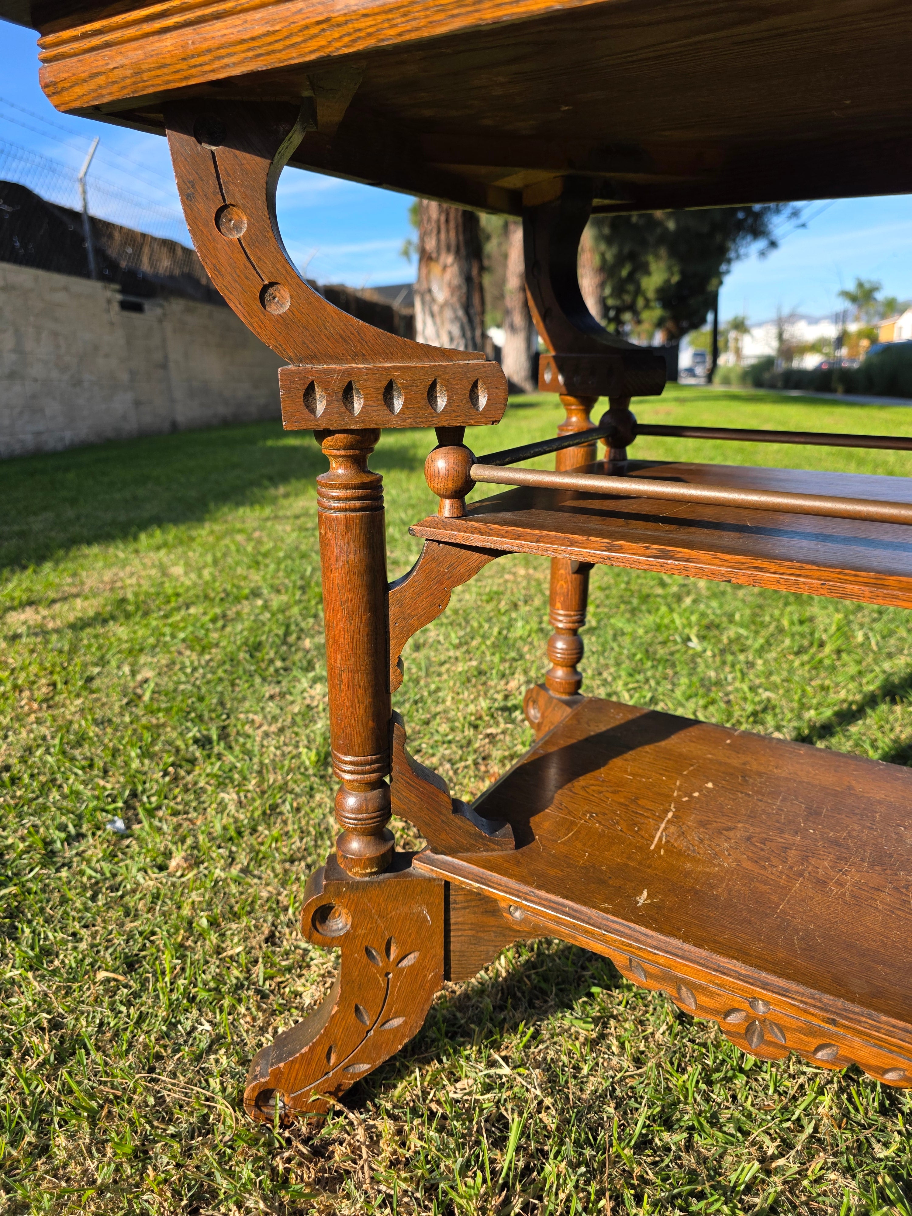 Antique Eastlake Victorian 2-Tier Parlor Table - Geometric Carvings Oak 19th C