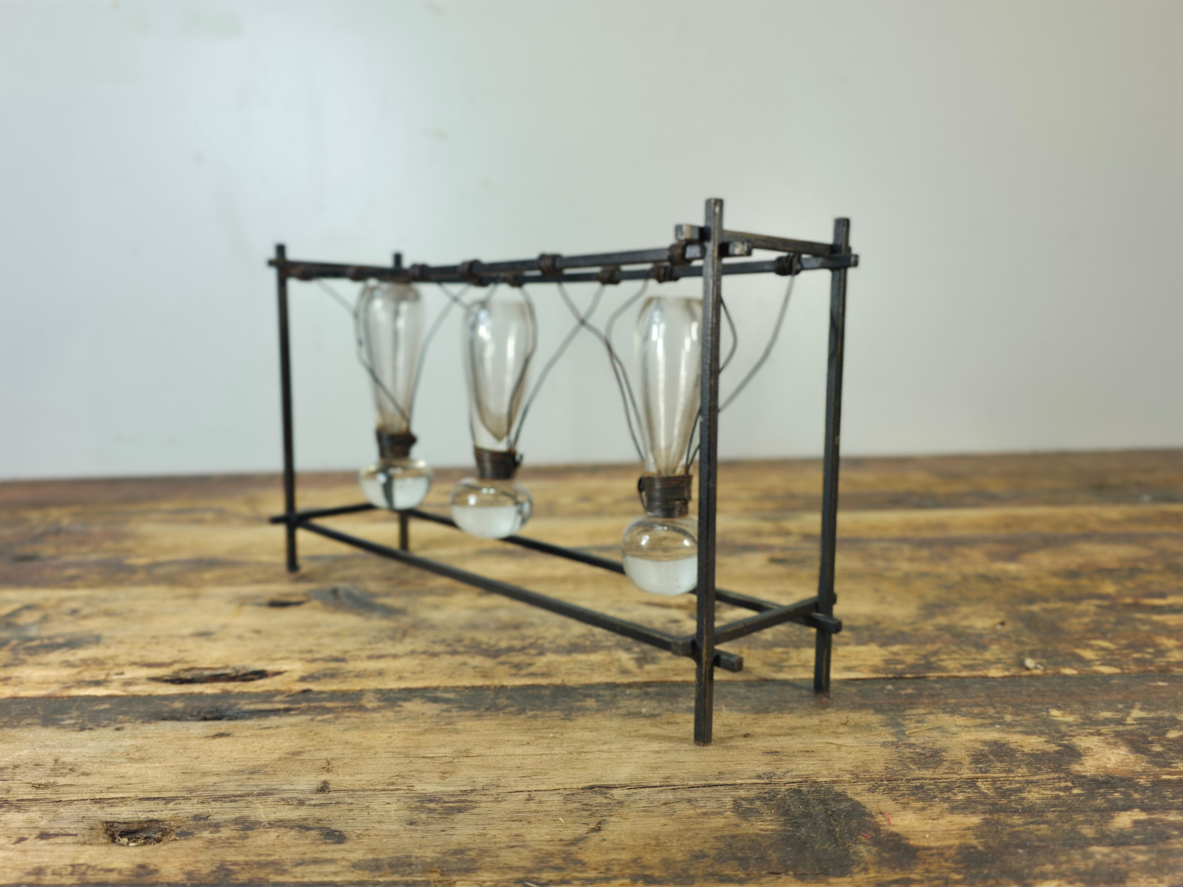 Vintage Brutalist Industrial Triple Hanging Bud Vase - Iron & Glass