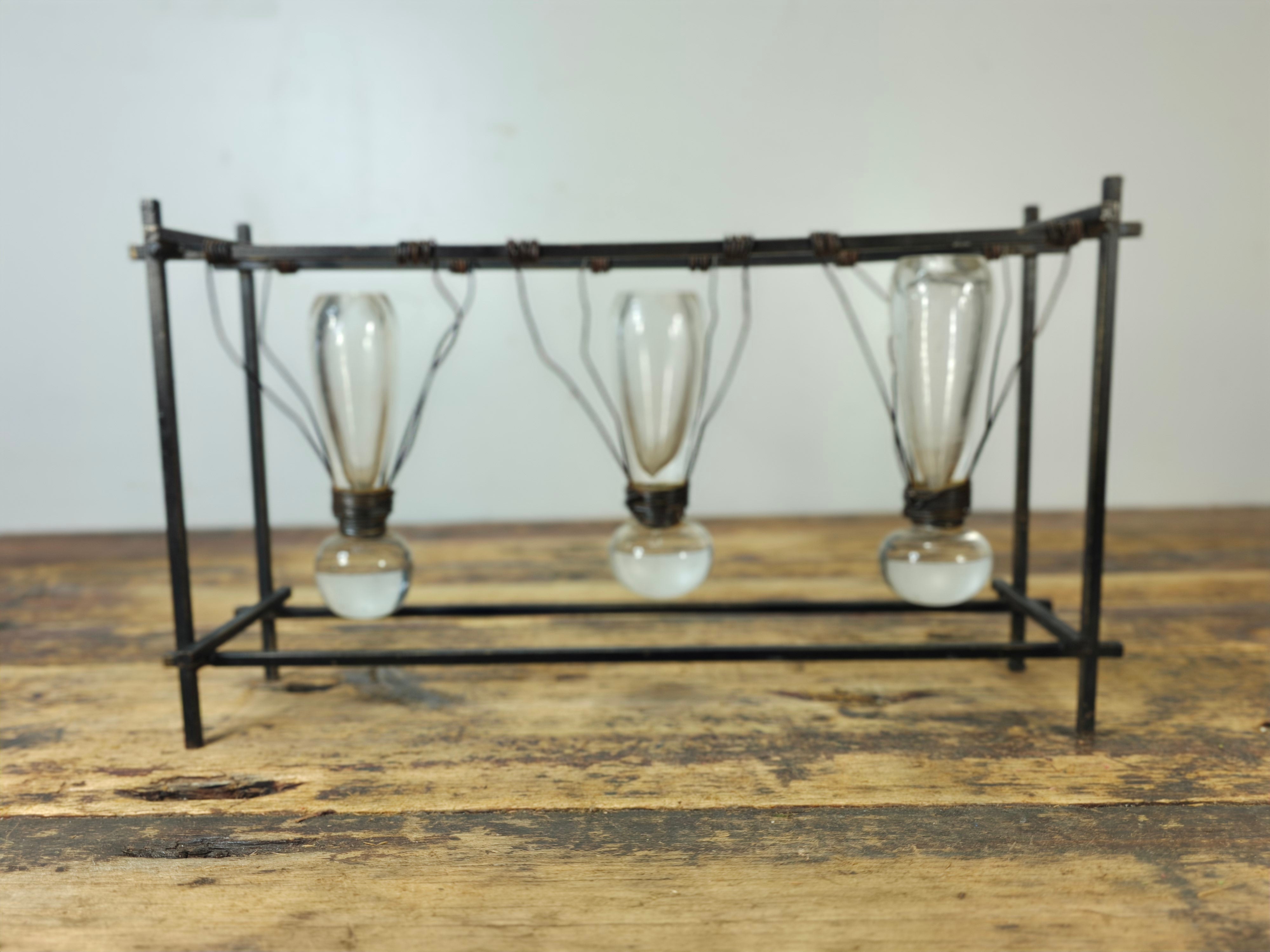 Vintage Brutalist Industrial Triple Hanging Bud Vase - Iron & Glass