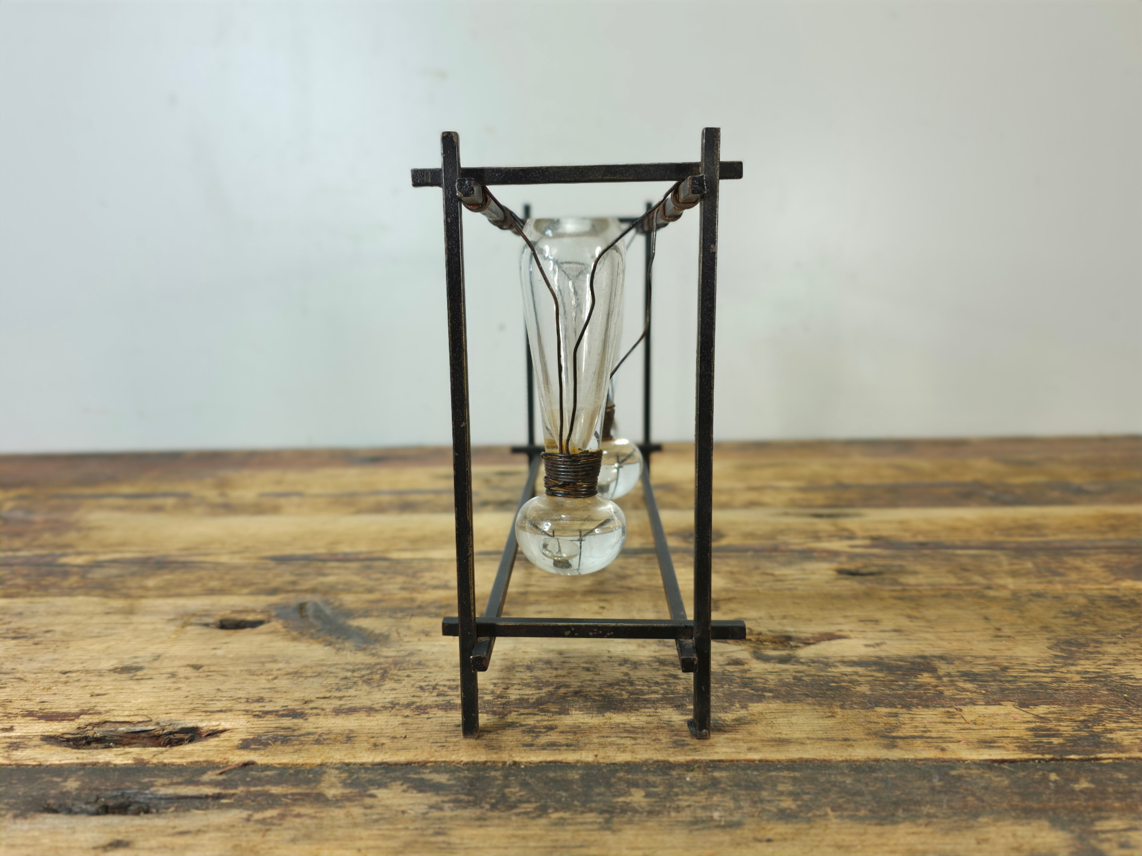 Vintage Brutalist Industrial Triple Hanging Bud Vase - Iron & Glass