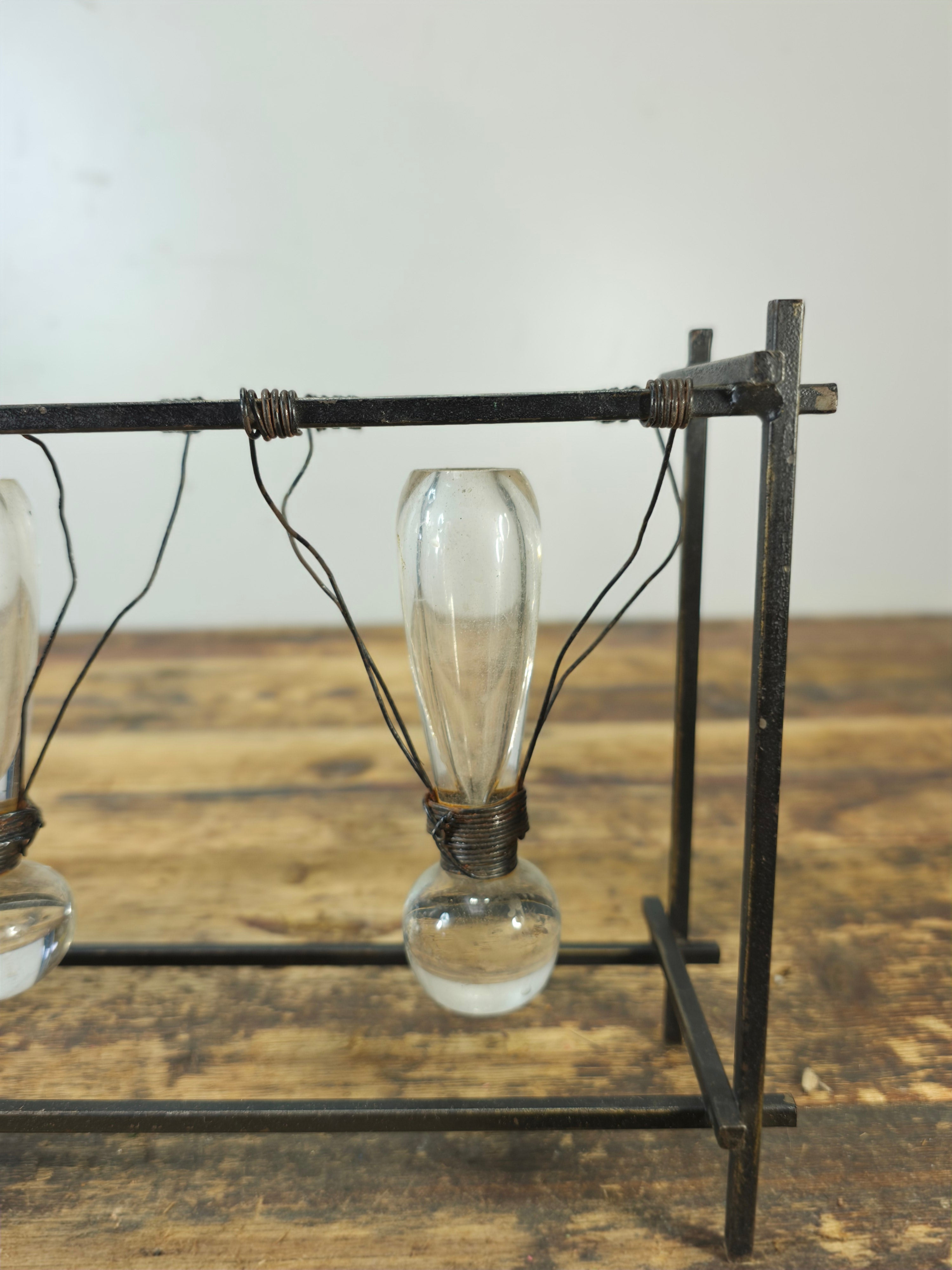 Vintage Brutalist Industrial Triple Hanging Bud Vase - Iron & Glass