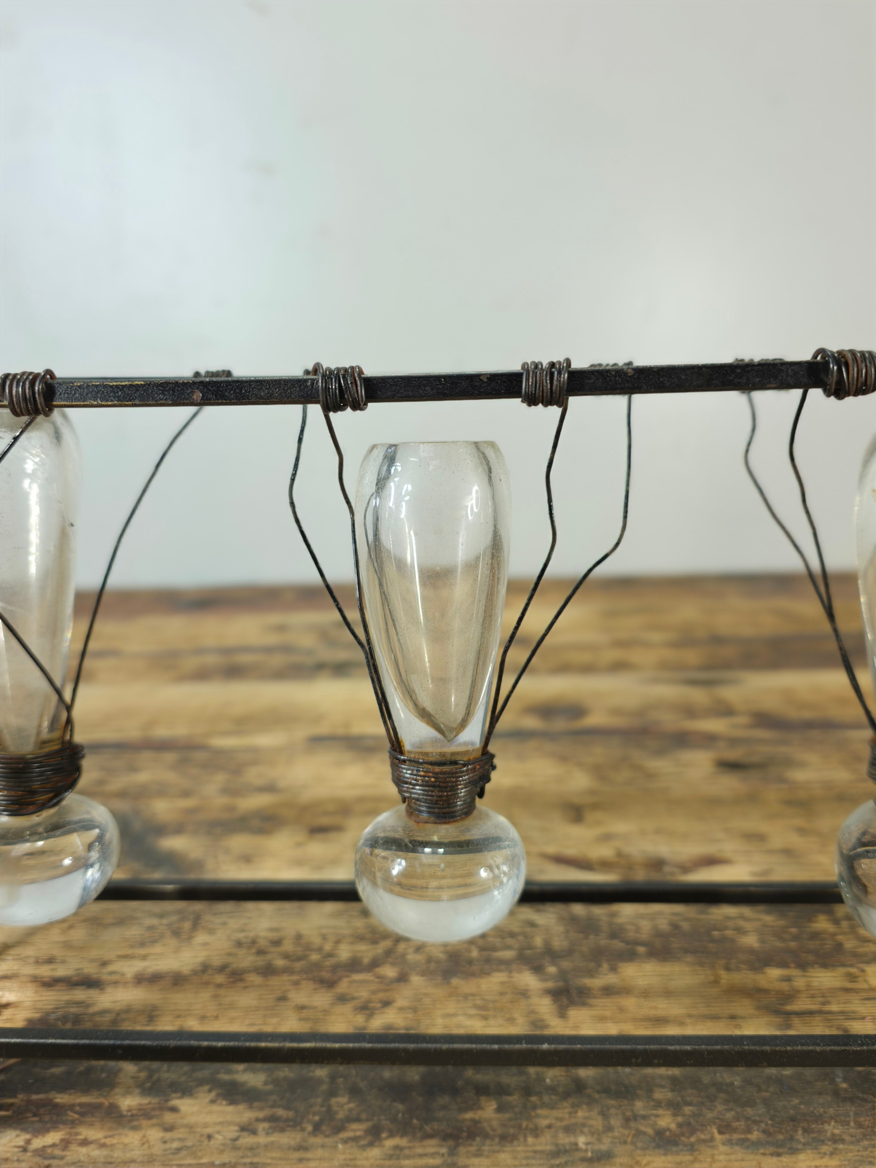 Vintage Brutalist Industrial Triple Hanging Bud Vase - Iron & Glass