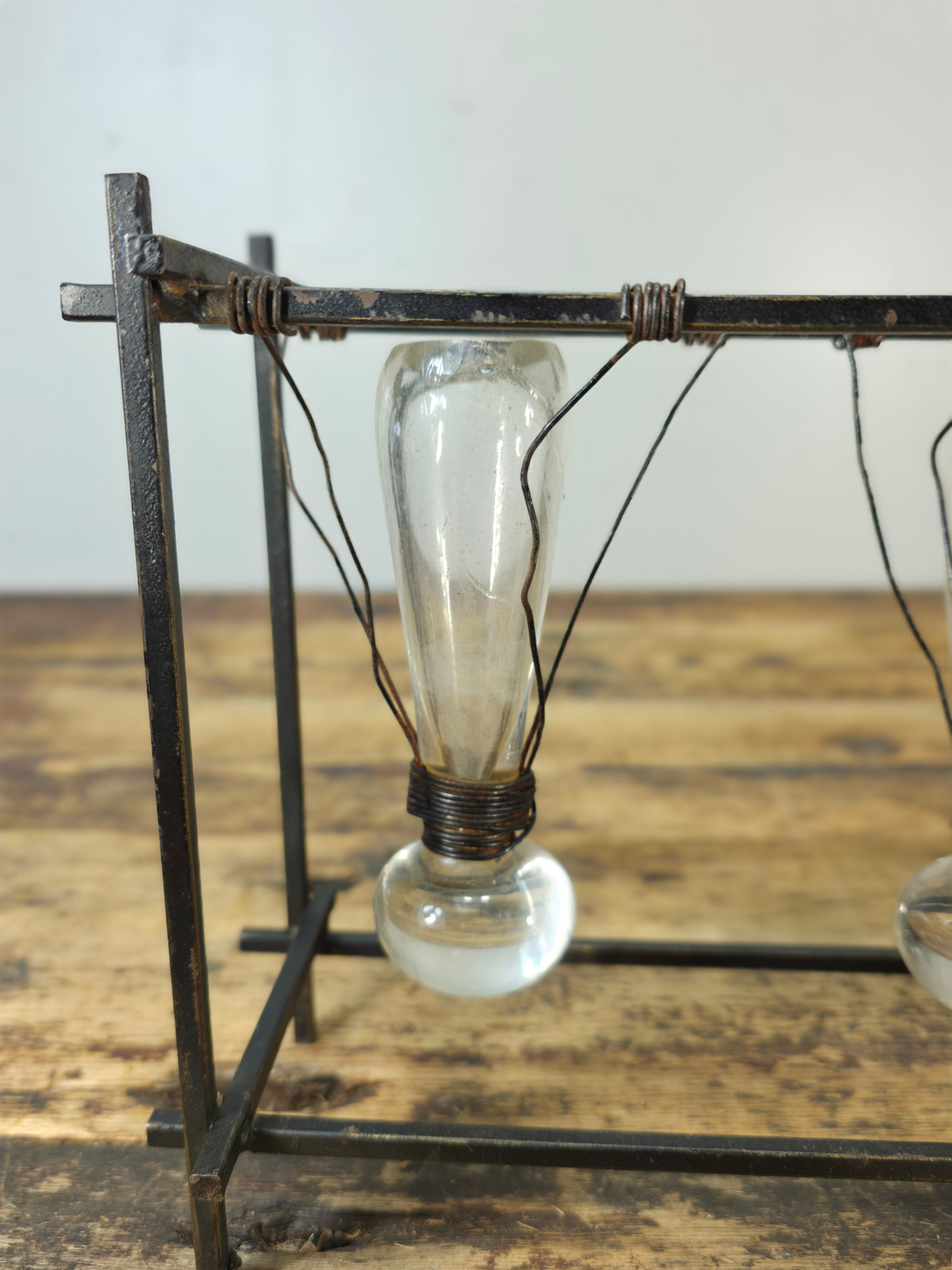 Vintage Brutalist Industrial Triple Hanging Bud Vase - Iron & Glass