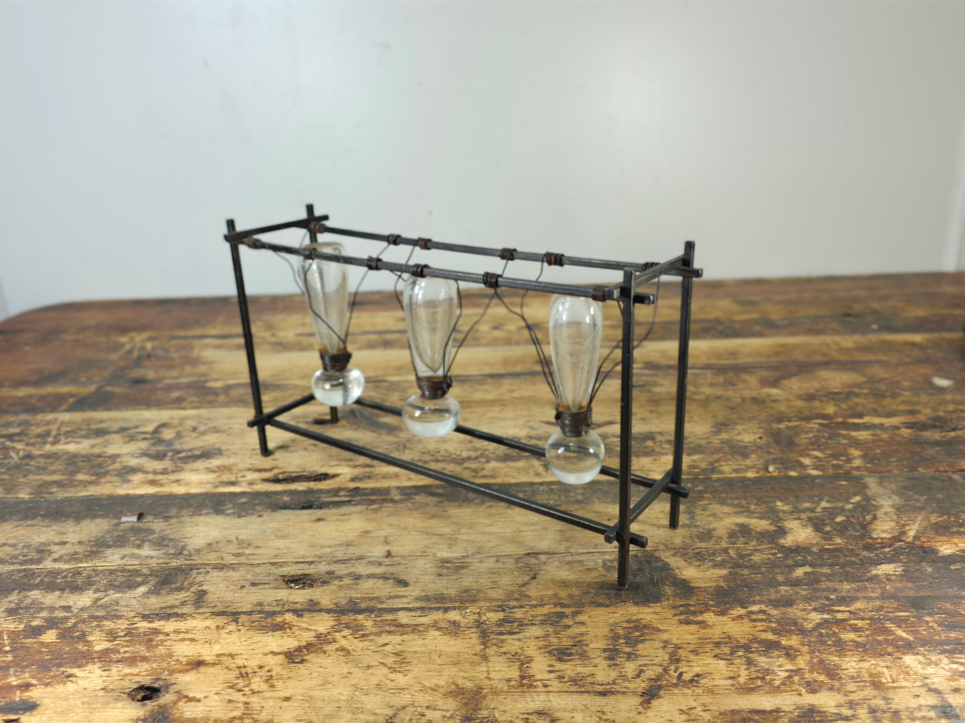Vintage Brutalist Industrial Triple Hanging Bud Vase - Iron & Glass