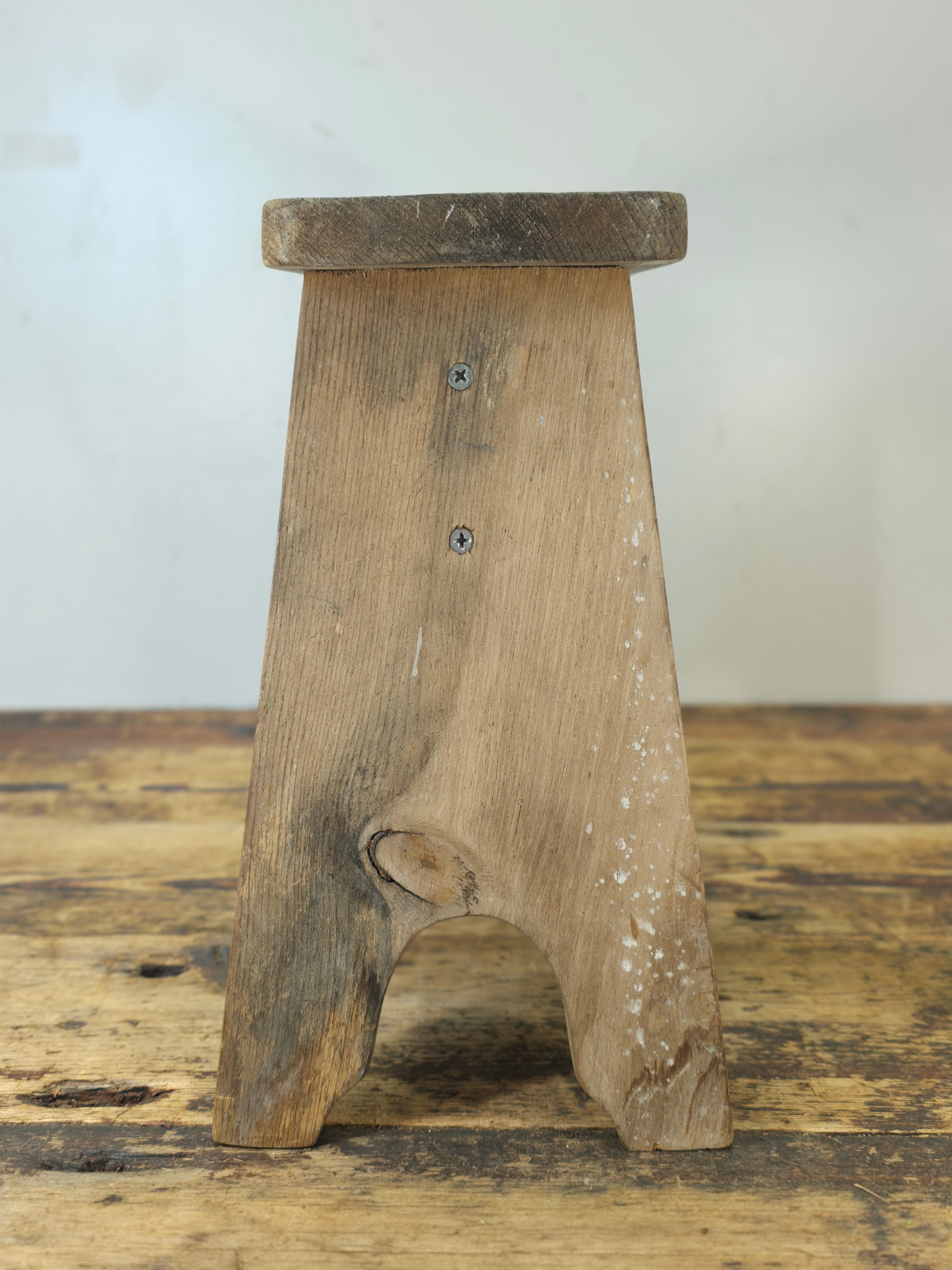Vintage 1986 Handmade Rustic Wood Stool with Dual Grip - JS 86 Marked