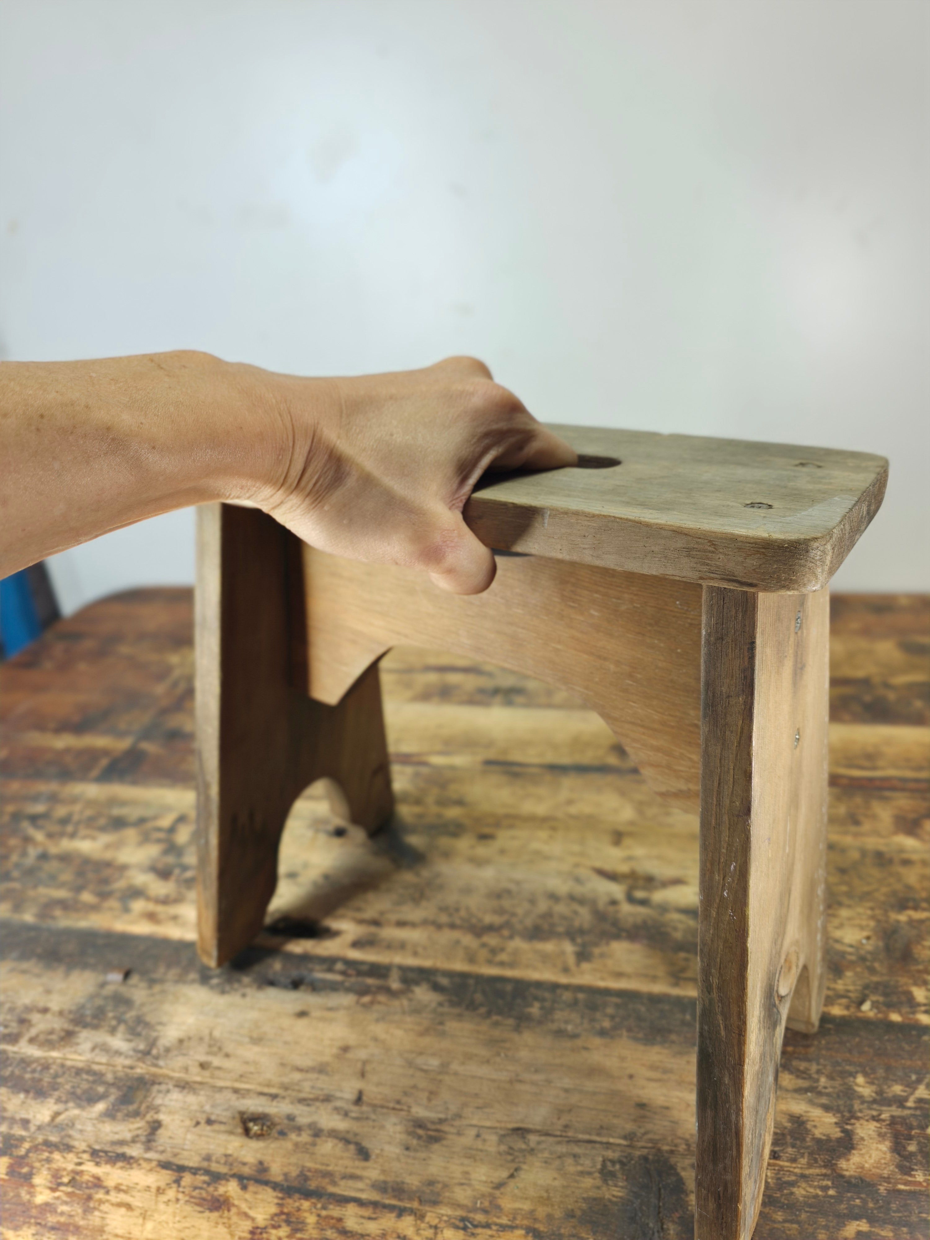 Vintage 1986 Handmade Rustic Wood Stool with Dual Grip - JS 86 Marked