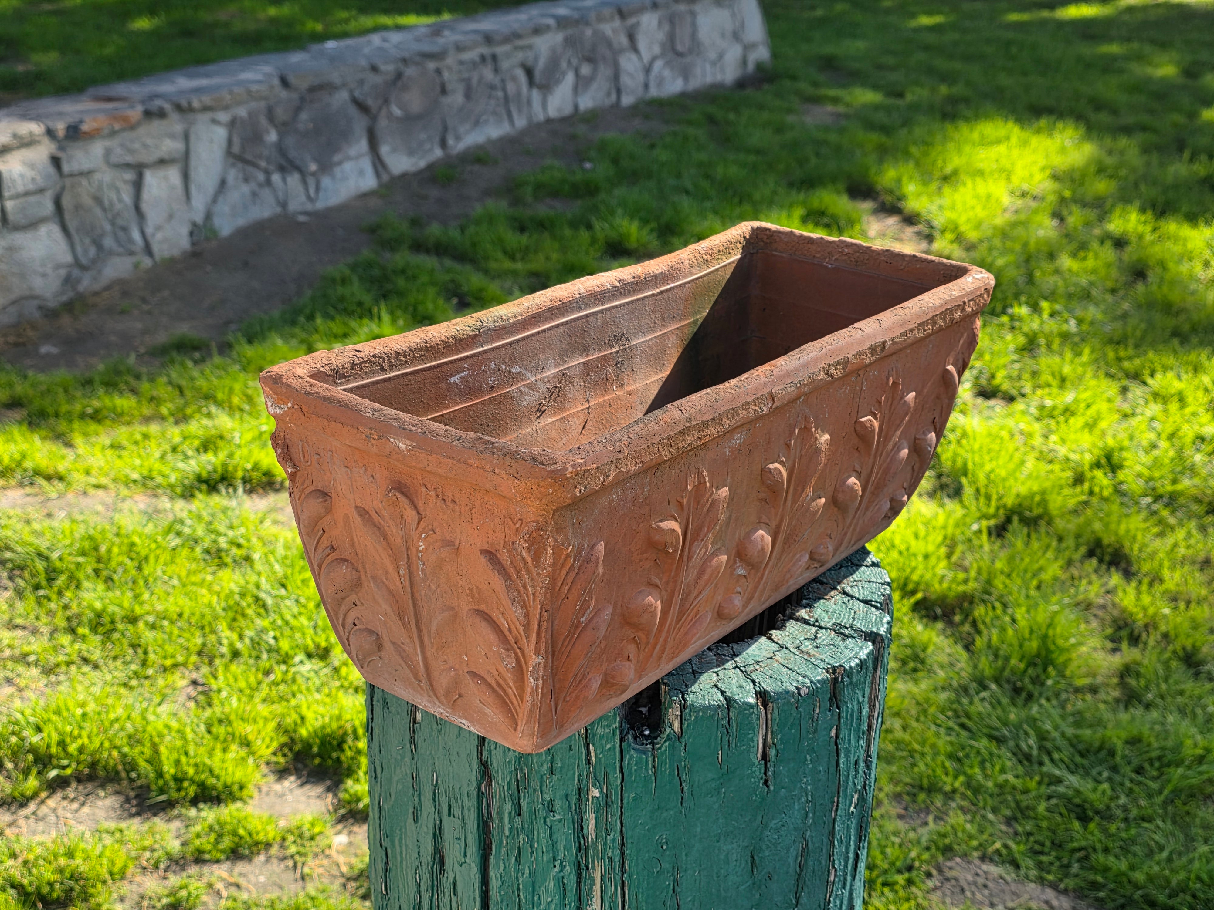Vintage DeRoma Italy Terracotta Window Box Planter - Embossed Leaf Design