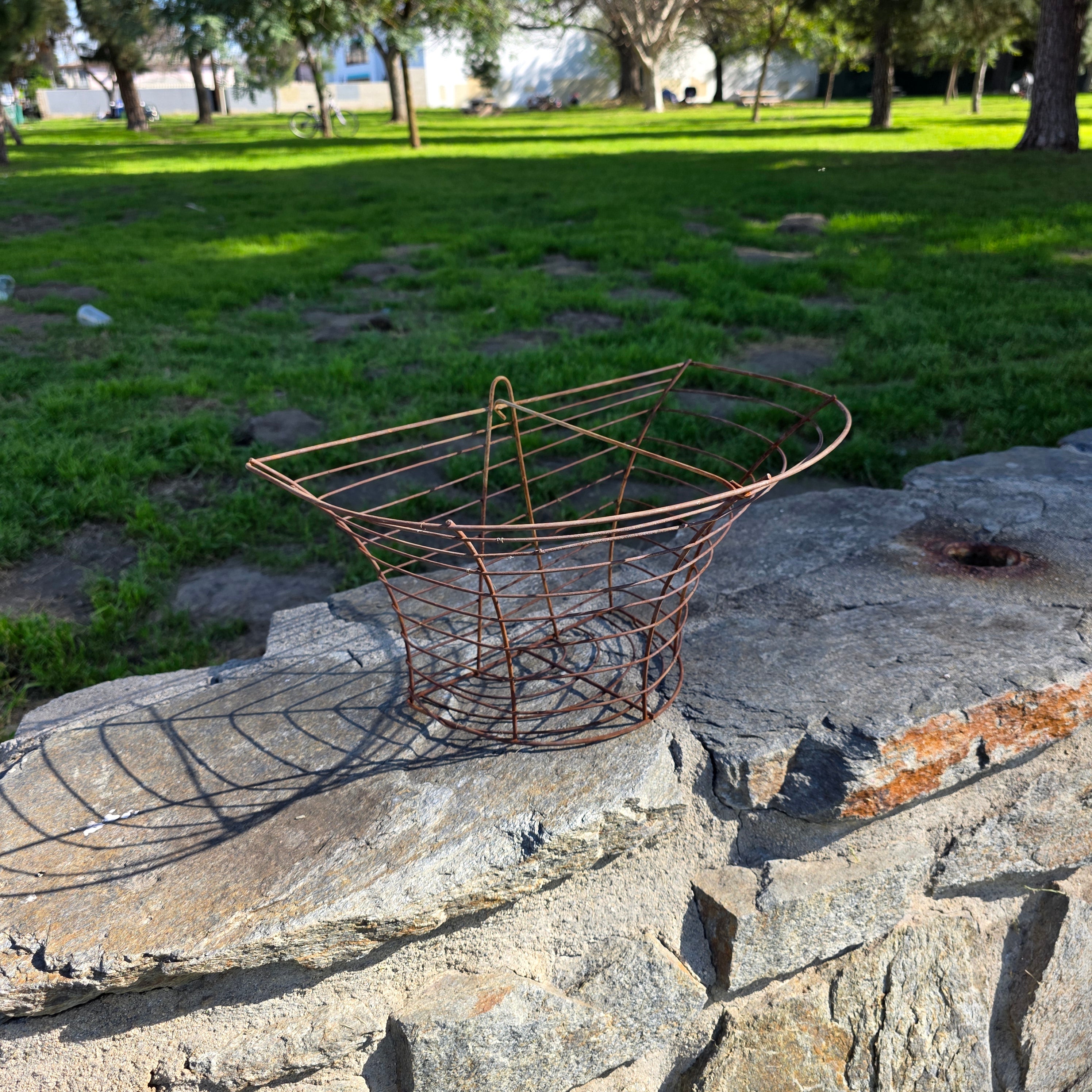 Vintage Industrial Half-Moon Wire Wall Basket with Support Wire Bar