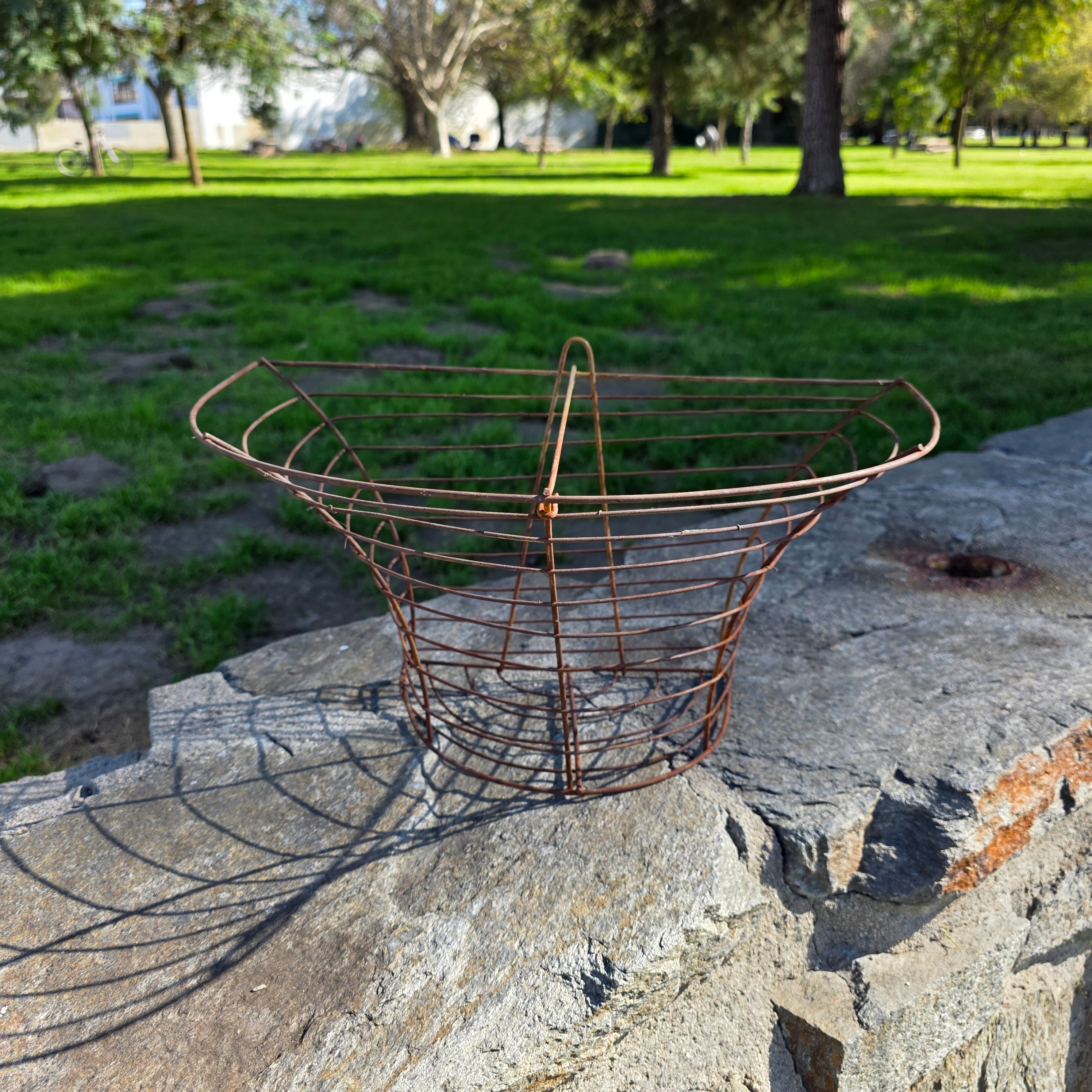 Vintage Industrial Half-Moon Wire Wall Basket with Support Wire Bar