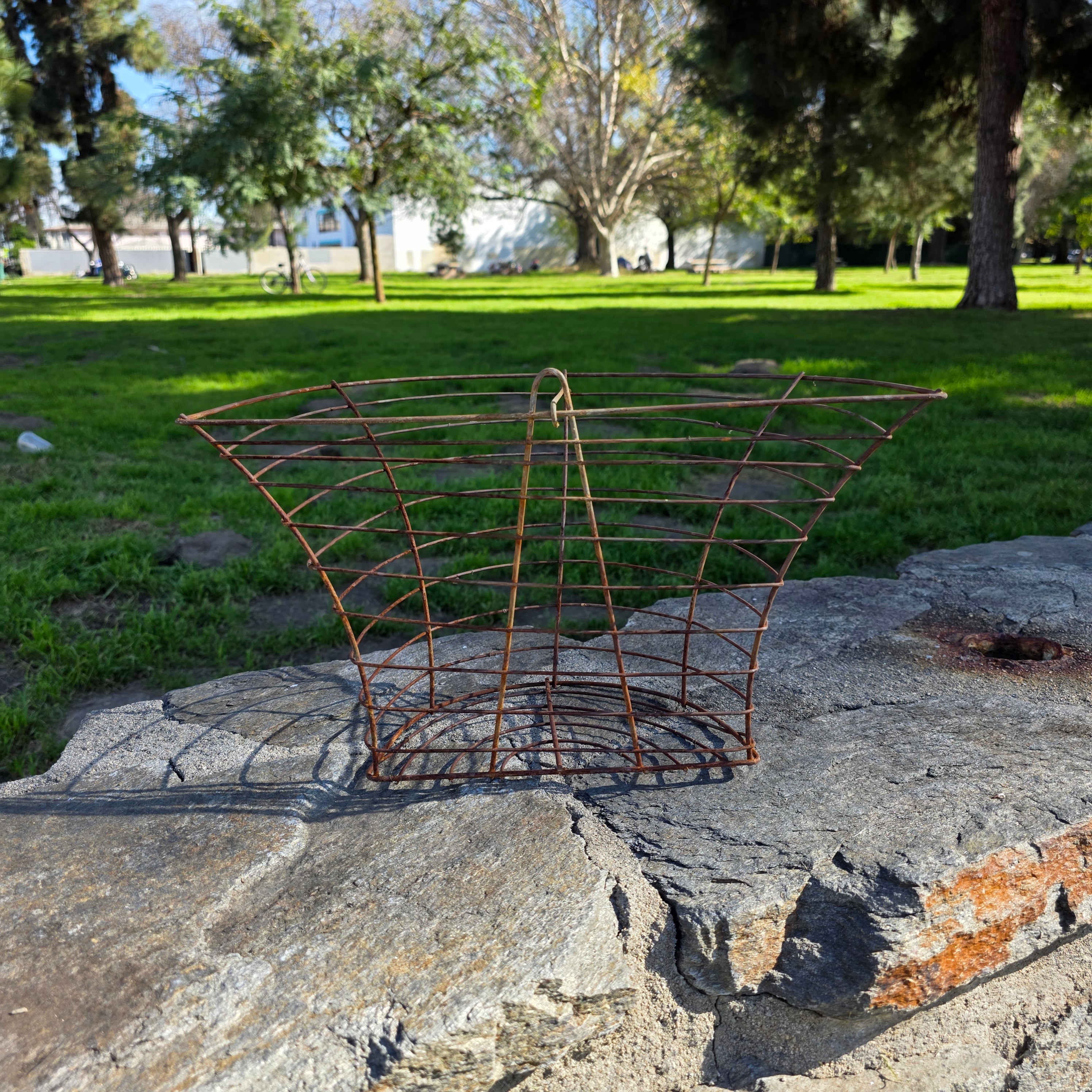 Vintage Industrial Half-Moon Wire Wall Basket with Support Wire Bar
