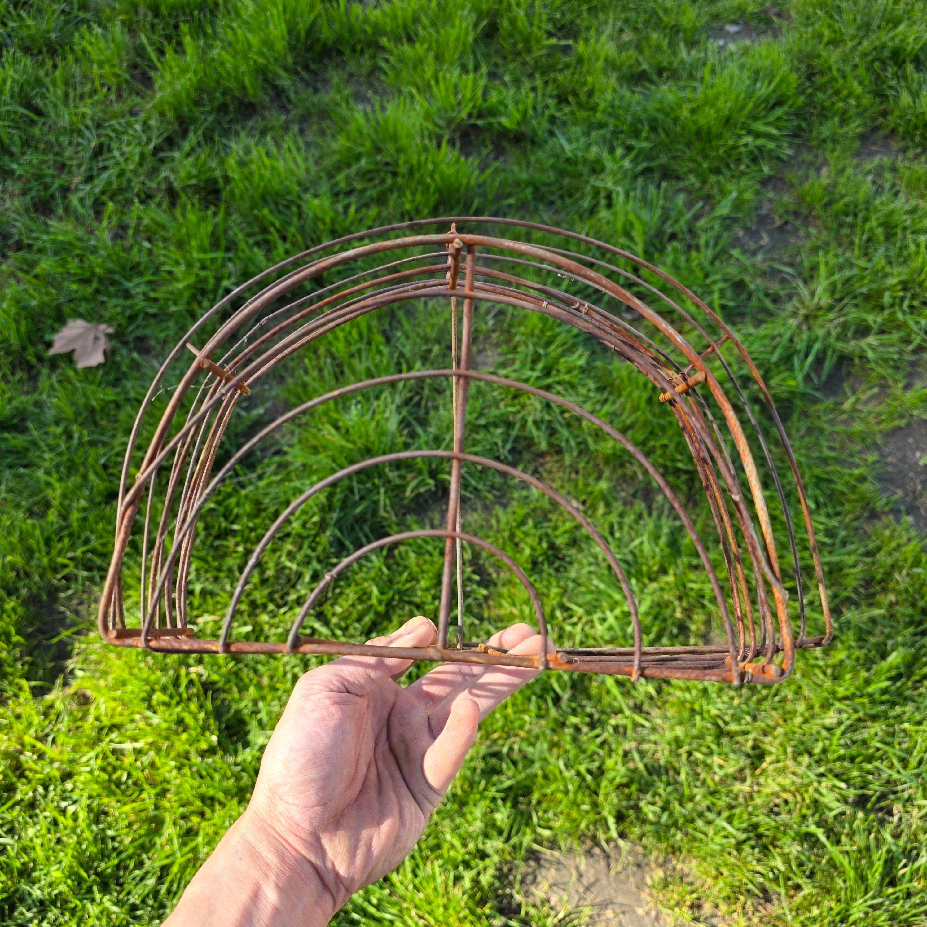 Vintage Industrial Half-Moon Wire Wall Basket with Support Wire Bar