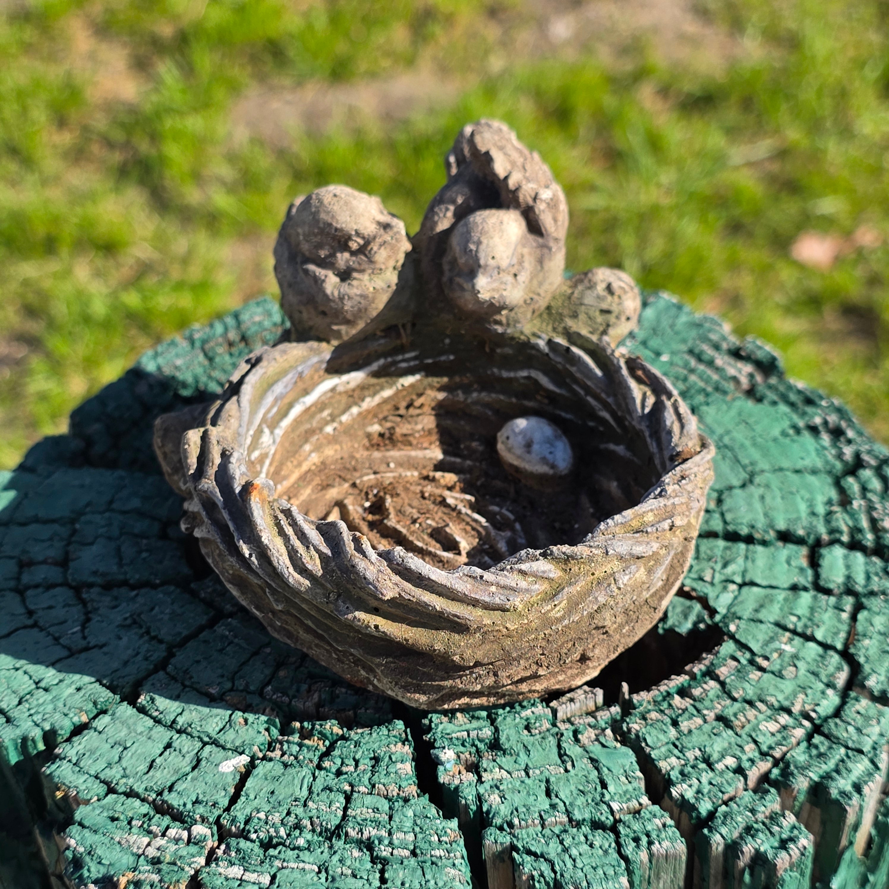 Vintage Concrete Garden Statue - Birds on Nest with Egg