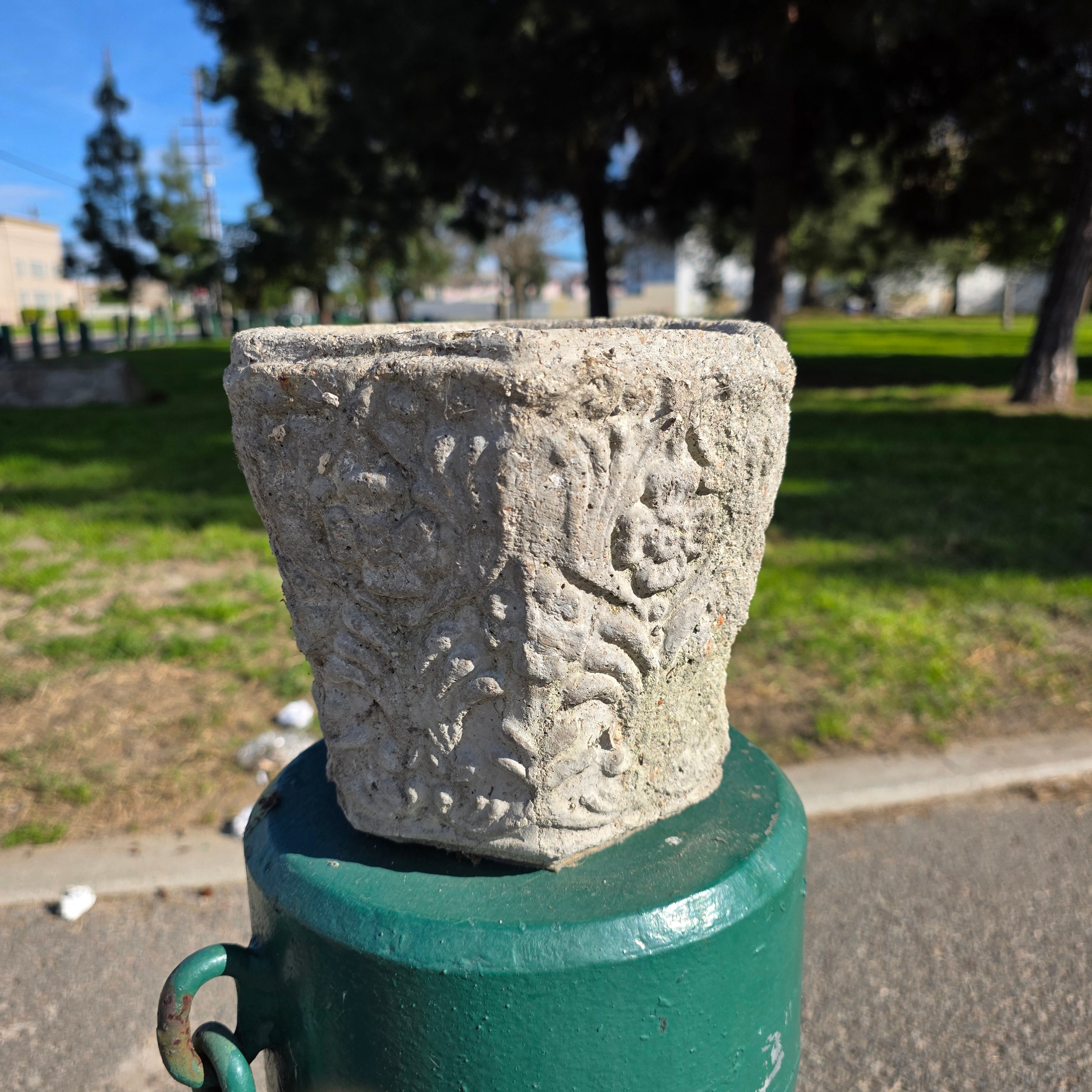 Vintage Concrete Hexagon Planter with Floral Relief - Small Heavy-Duty Pot