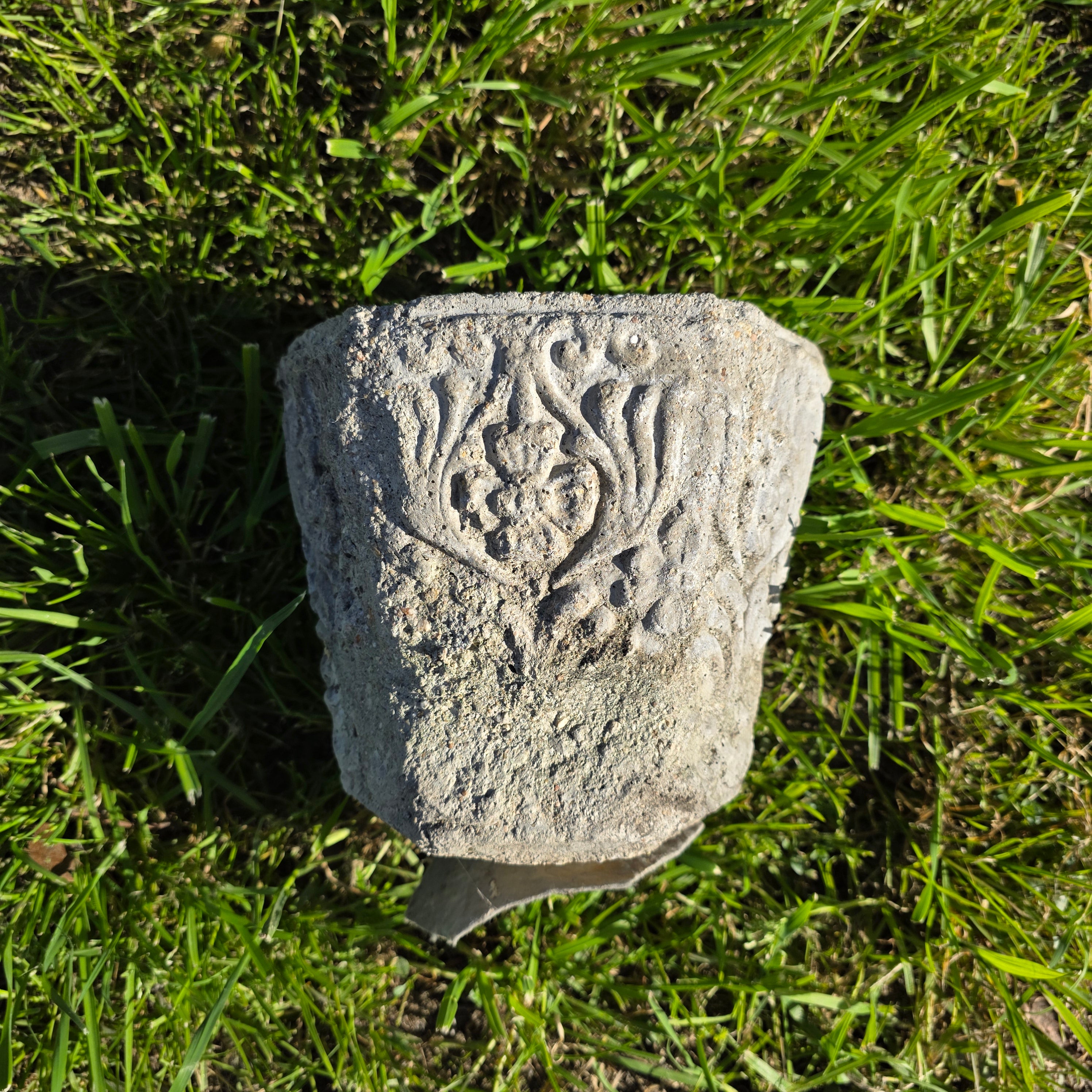 Vintage Concrete Hexagon Planter with Floral Relief - Small Heavy-Duty Pot