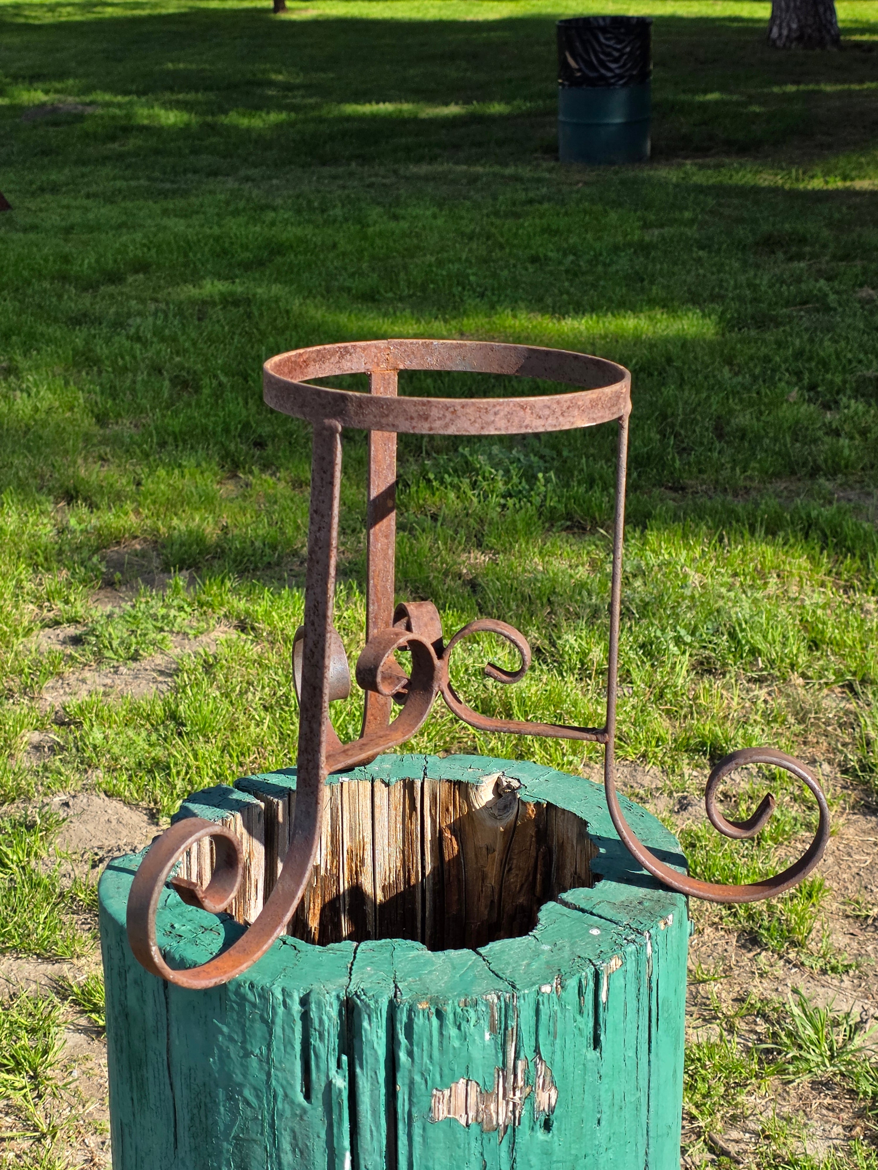 Vintage Wrought Iron Tripod Planter Stand - Rustic Scroll Decor