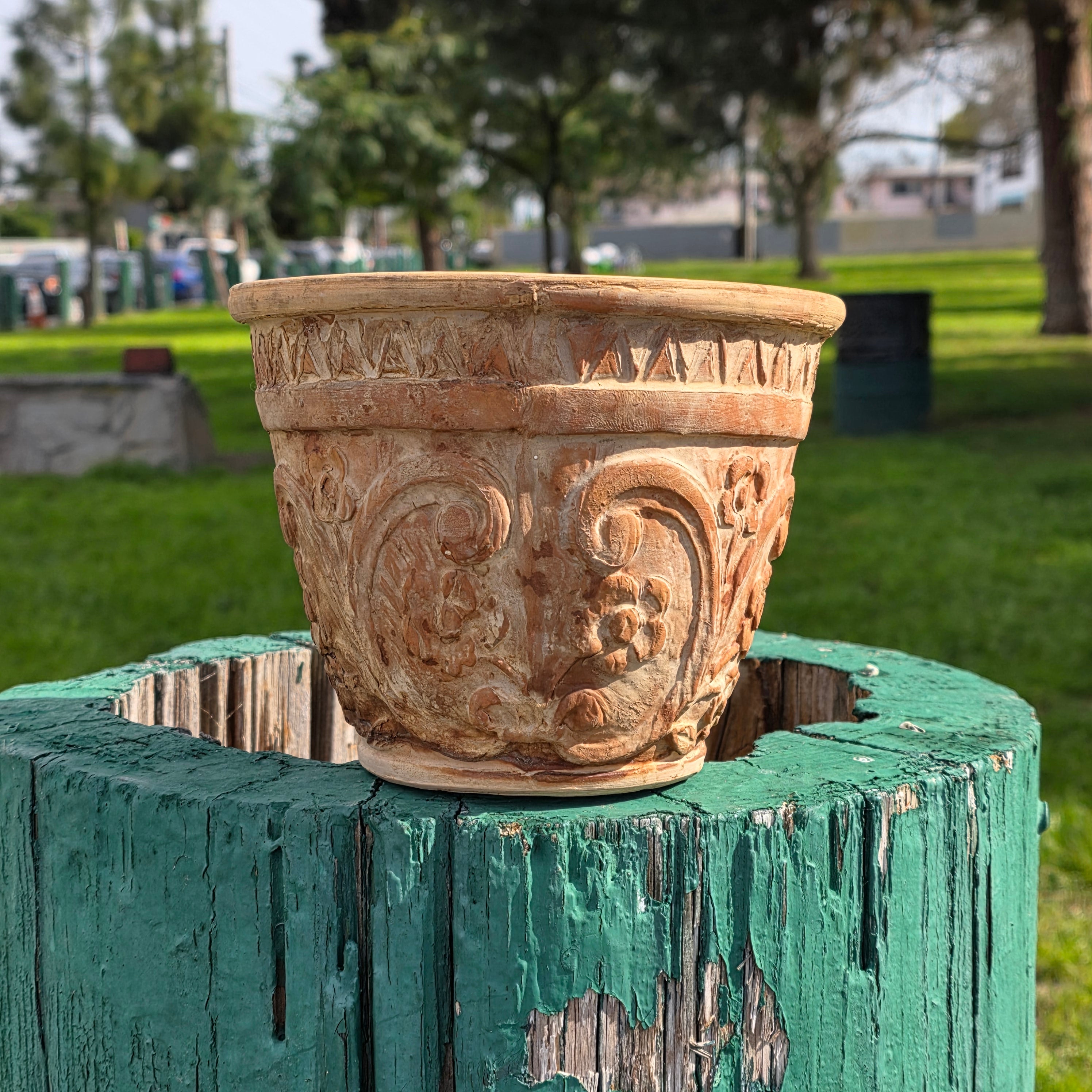 Rare Vintage Spanish Terracotta Planter Ornate Floral Relief with Italian Saucer