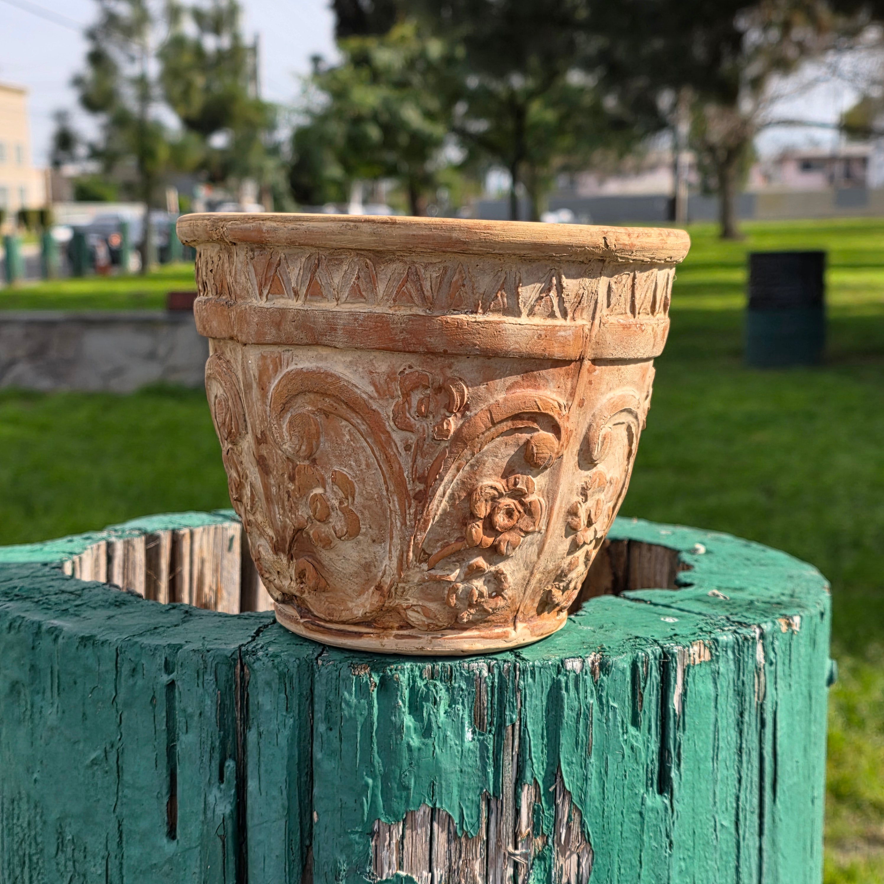 Rare Vintage Spanish Terracotta Planter Ornate Floral Relief with Italian Saucer