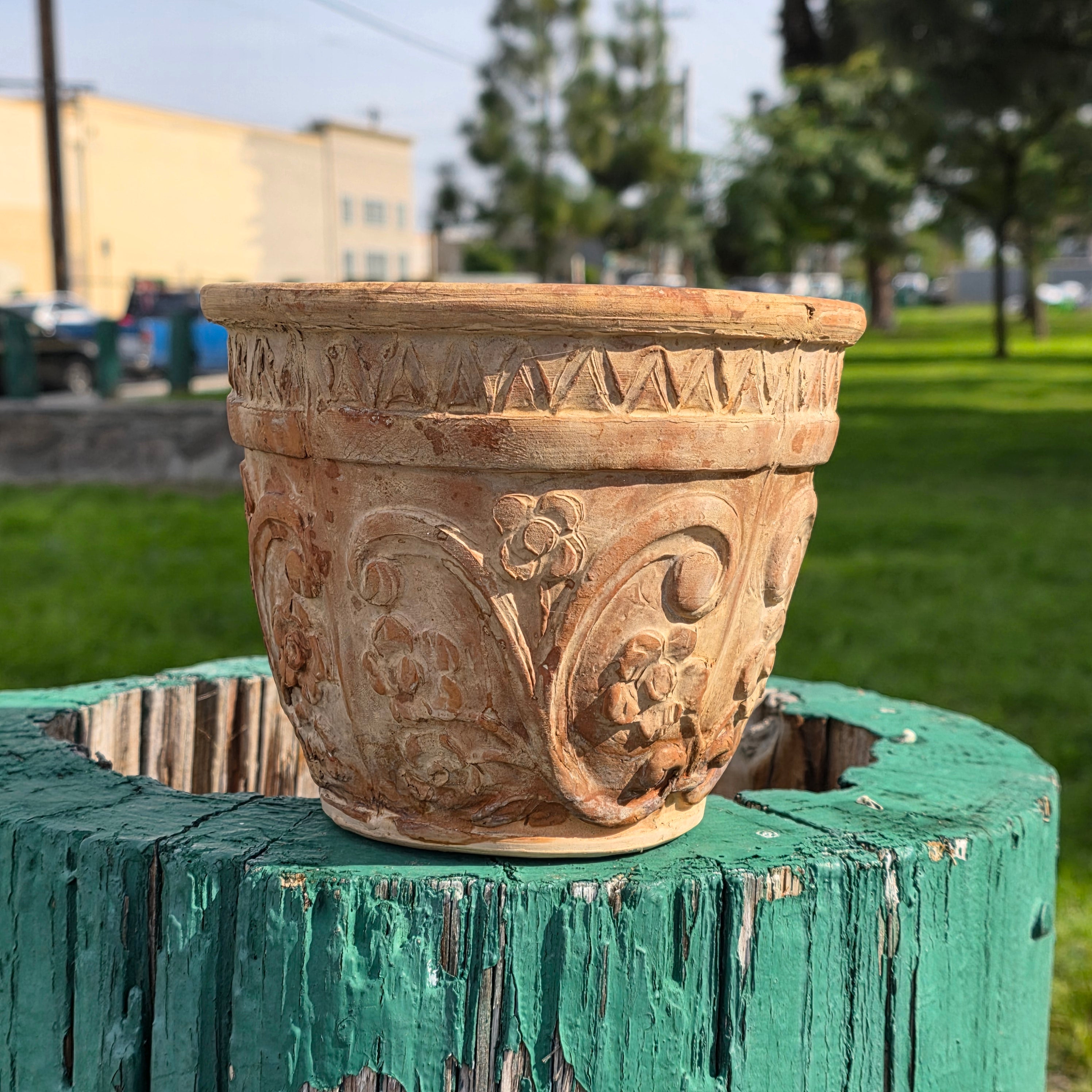 Rare Vintage Spanish Terracotta Planter Ornate Floral Relief with Italian Saucer