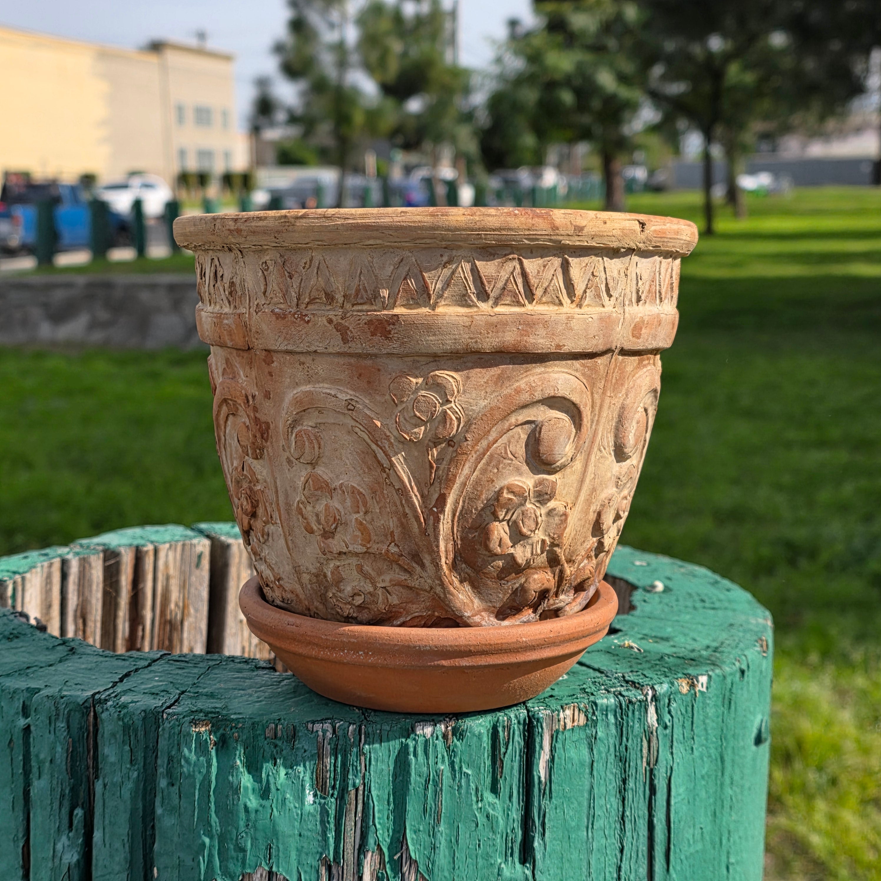 Rare Vintage Spanish Terracotta Planter Ornate Floral Relief with Italian Saucer