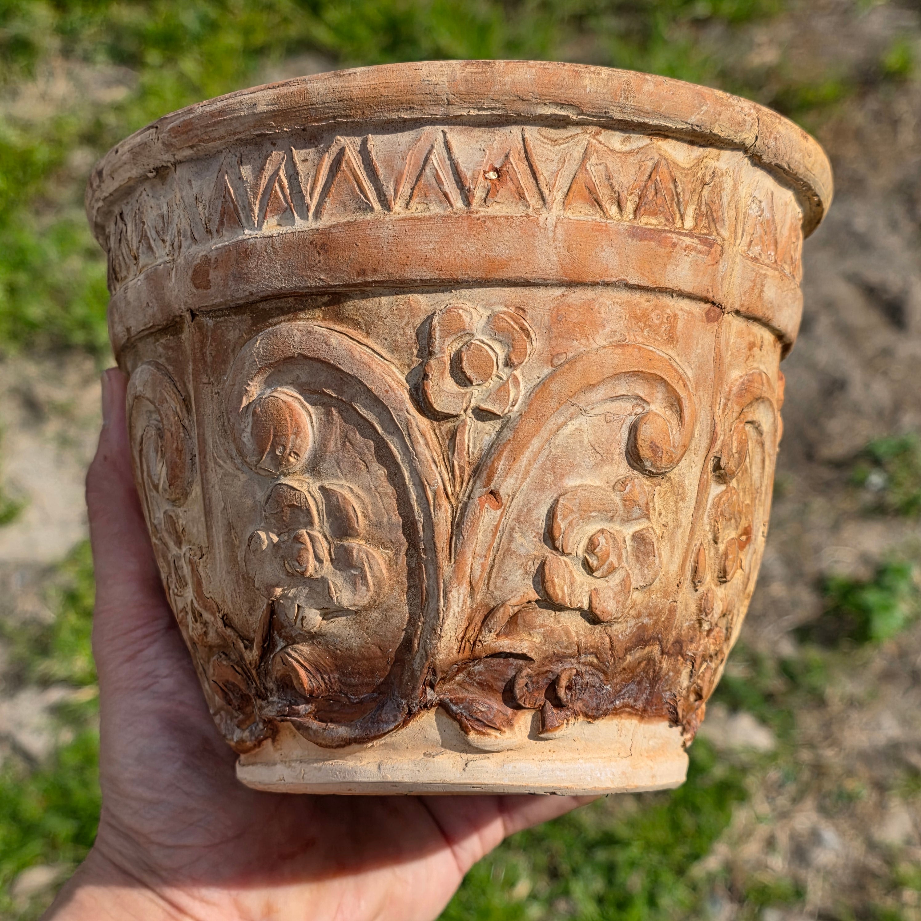 Rare Vintage Spanish Terracotta Planter Ornate Floral Relief with Italian Saucer