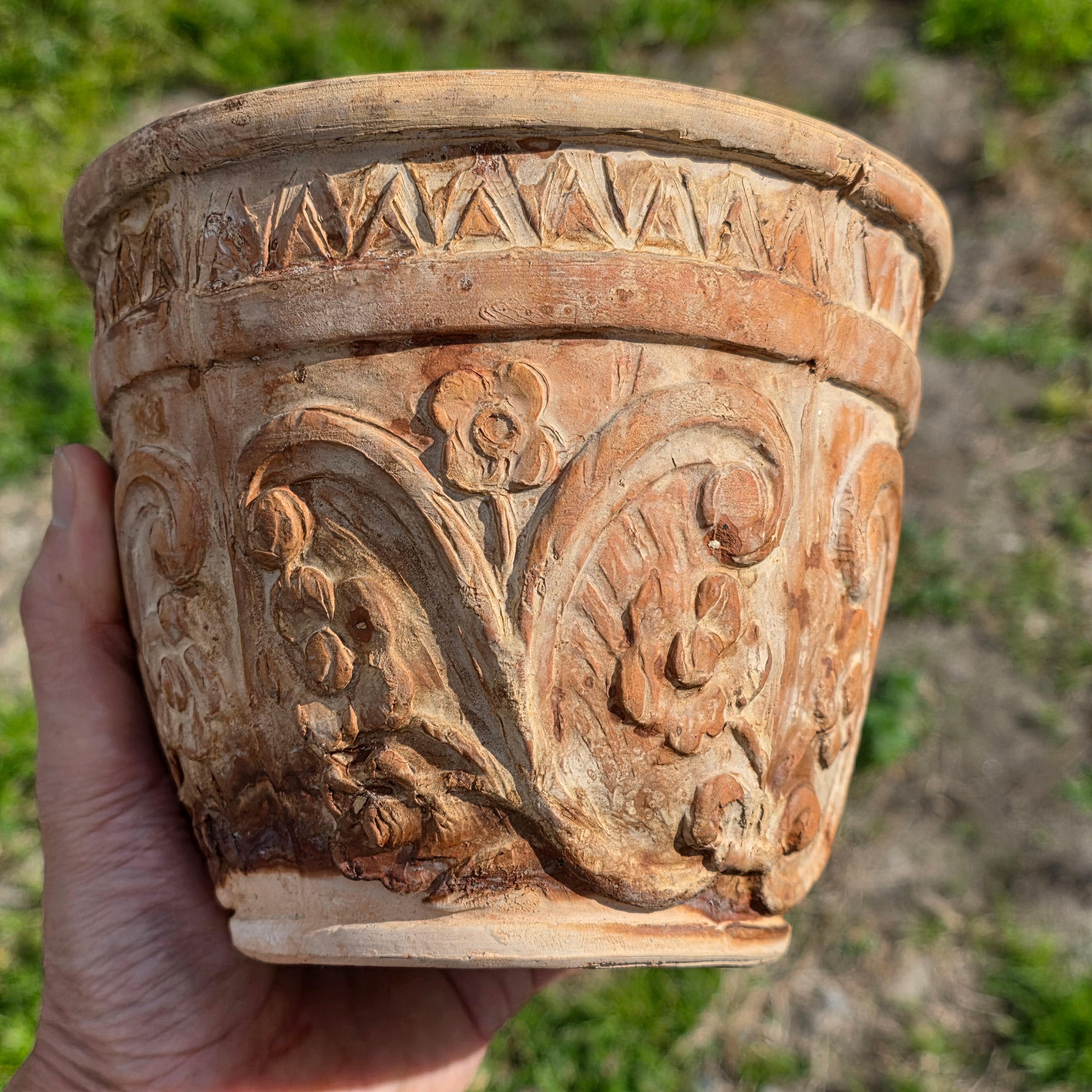 Rare Vintage Spanish Terracotta Planter Ornate Floral Relief with Italian Saucer
